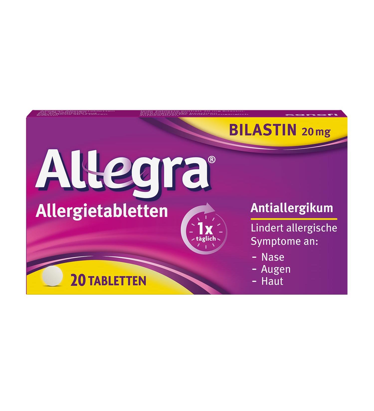 Allegra Allergy Tablets 20 STK - Fast Acting Bilastine Antihistamine for 24-Hour Relief from Hay Fever Pet Dander Mold Allergies & Urticaria - International Shipping Available - Buy Online on GoSupps.com