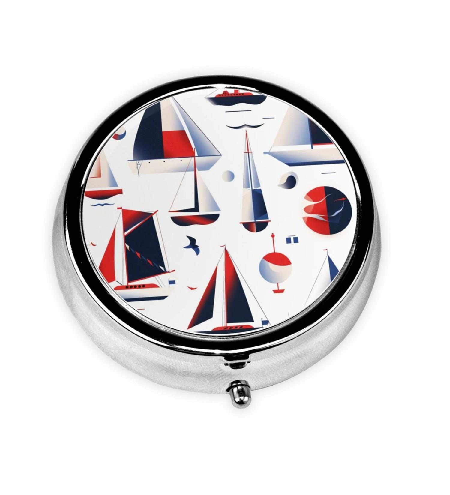 Cute Sailboat Graphics Portable Metal Pill Box | 3-Compartment Travel Pill Organizer with Hinged Design - Buy Online on GoSupps.com