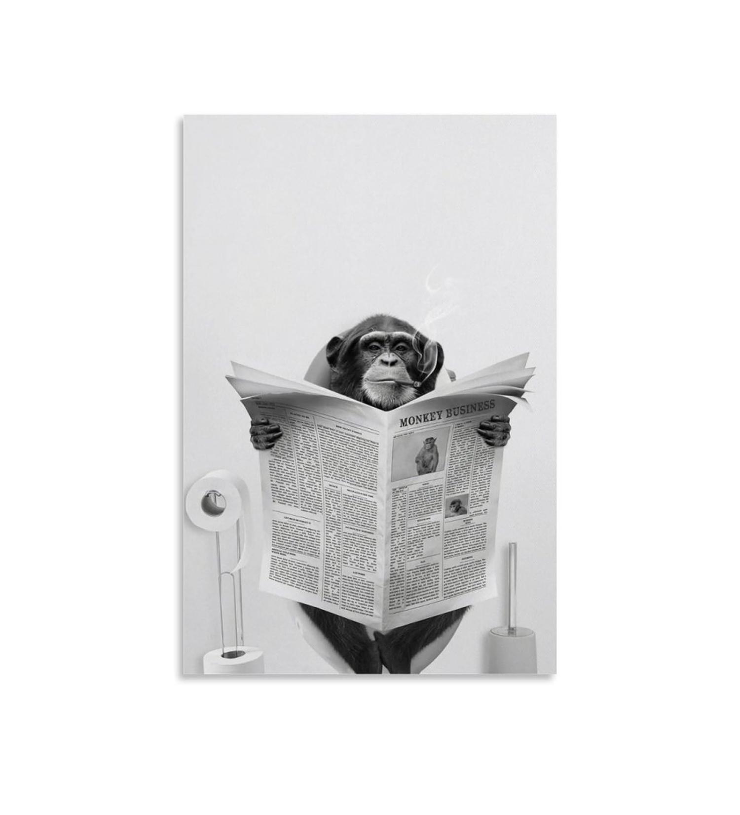 Funny Monkey on Toilet Poster - Black & White 90s Humor Wall Art for Kids | 30x45 cm Canvas - Buy Online on GoSupps.com