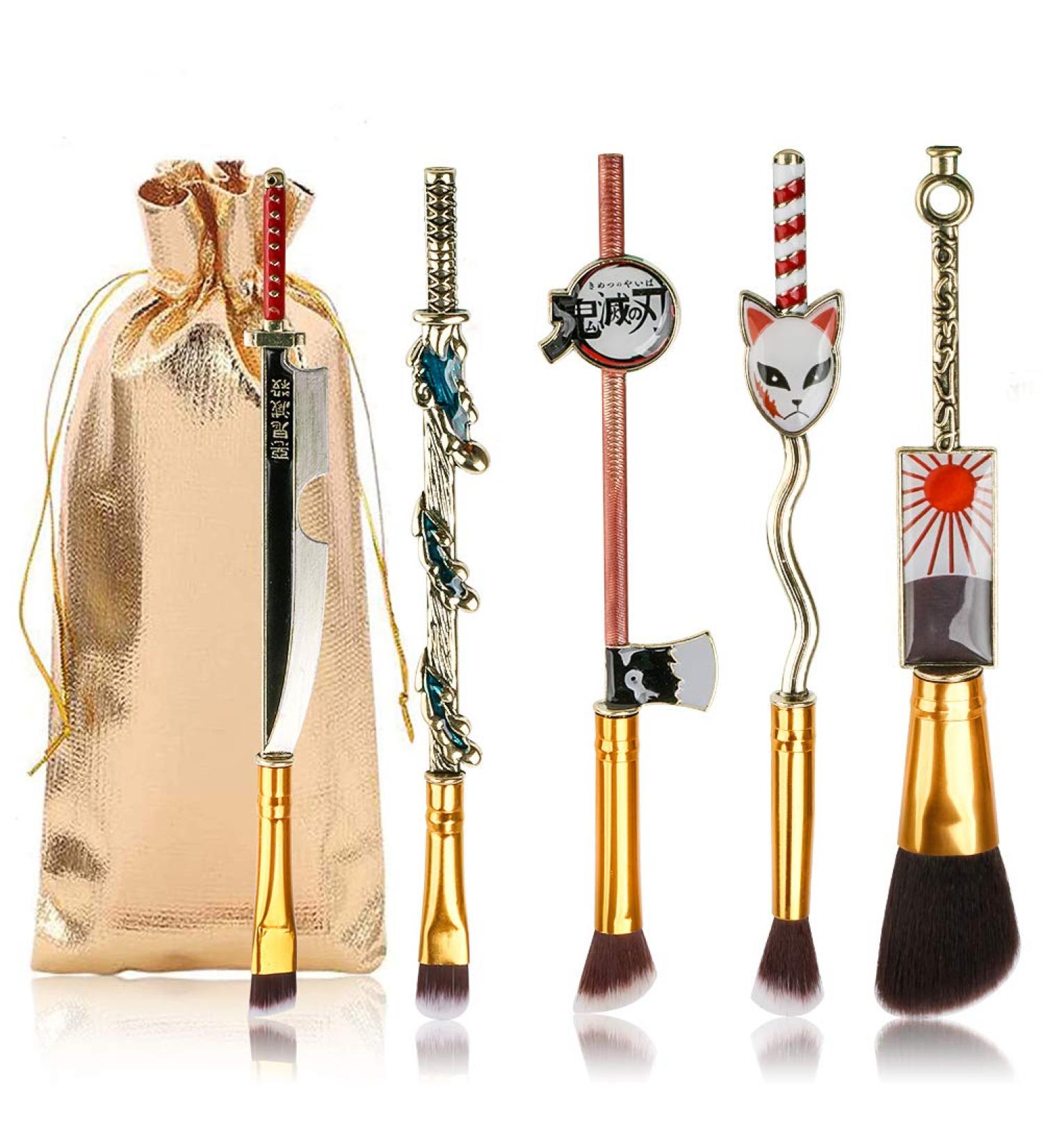 Metal Handle Demon Slayer Anime Makeup Brush Set - 5 pcs Gold | For Foundation, Blush, Eyeshadow | Perfect Gift for Girls & Women - Buy Online on GoSupps.com
