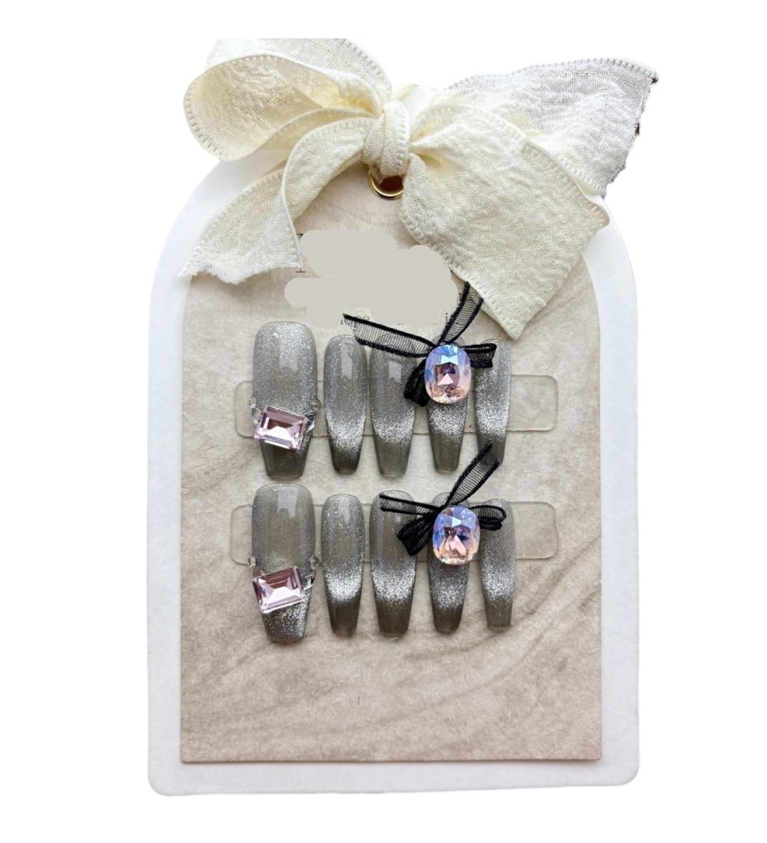 French Cat Eye Handmade Wearing Armor with Explosive Flash Bow Knot Detachable Phototherapy Nail Enhancement (Size : M)