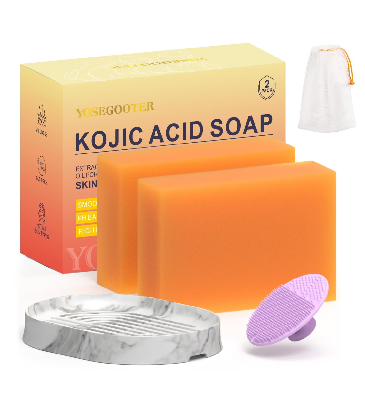 Turmeric Kojic Acid Soap Bars - Natural Dark Spot Remover for Face & Body | Organic Skin Care 2-Pack with Soap Dish & Scrubber - Buy Online on GoSupps.com