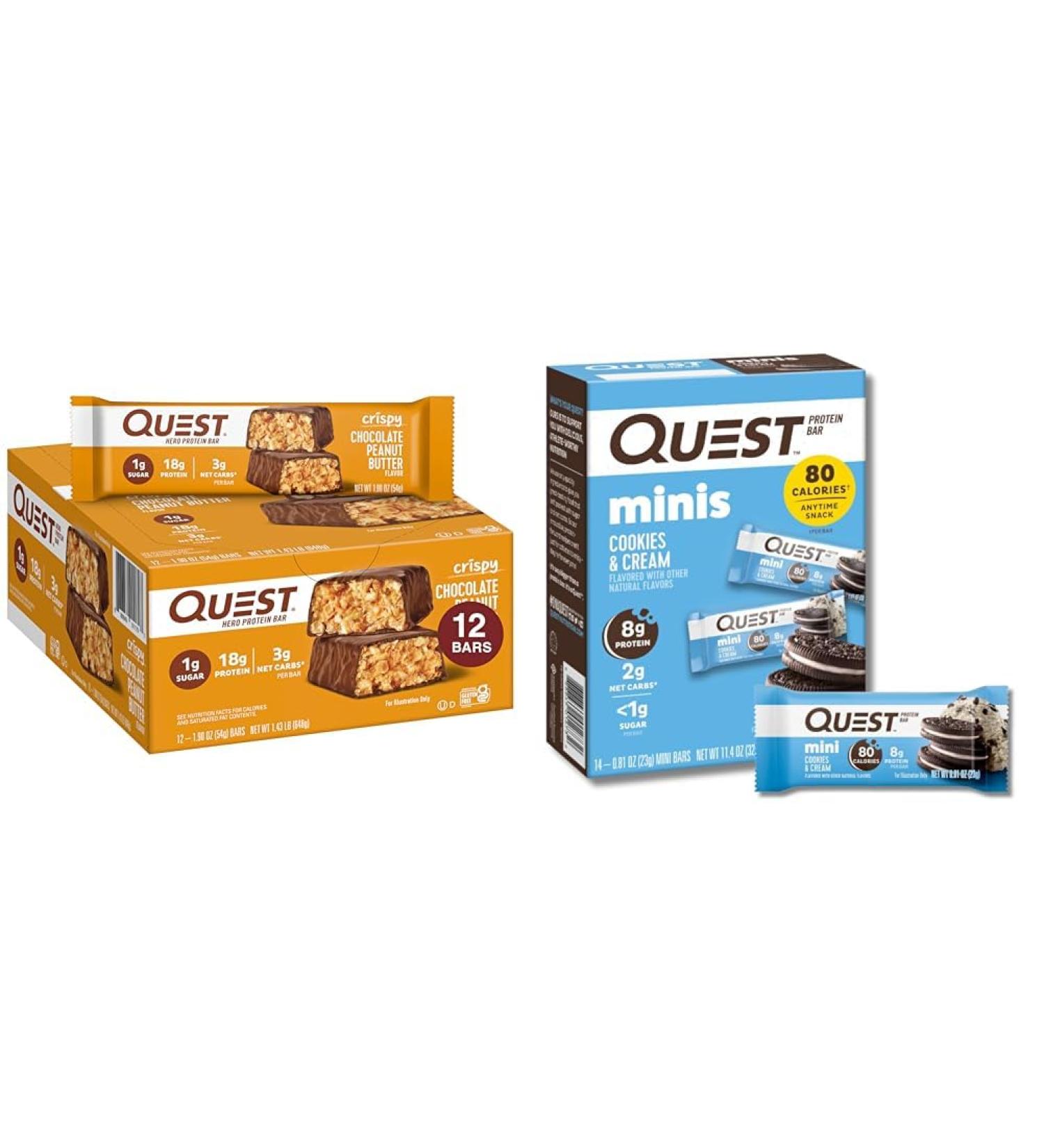 Quest Nutrition Crispy Chocolate Peanut Butter Hero Protein Bar 18g Protein 1g Sugar 3g Net Carb Gluten Free Keto Friendly 12 Count and Mini Cookies & Cream Protein Bars High Protein Low Carb Keto Friendly 14 Count - Buy Online on GoSupps.com