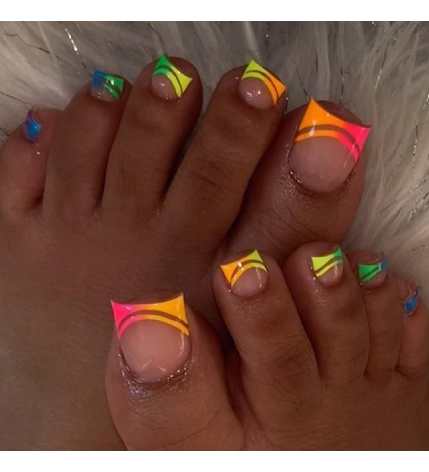 Neon Press on Toenails - Short Square Glue-On Gradient Rainbow French Tips | Summer Beach Fake Toenails for Women - Buy Online on GoSupps.com