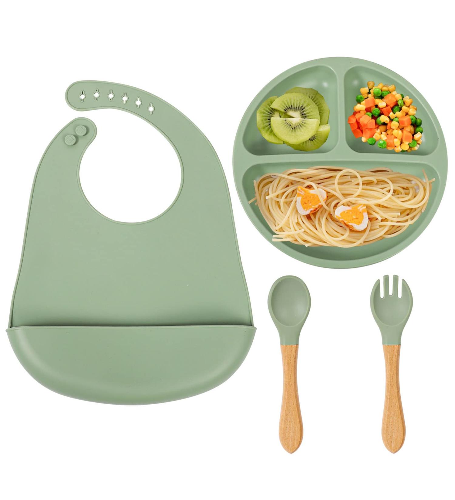 4 Piece Baby Weaning Set: Silicone Suction Divided Plate, Adjustable Bib, Spoon, Fork - Baby Led Feeding Supplies for Baby and Toddlers - Buy Online on GoSupps.com