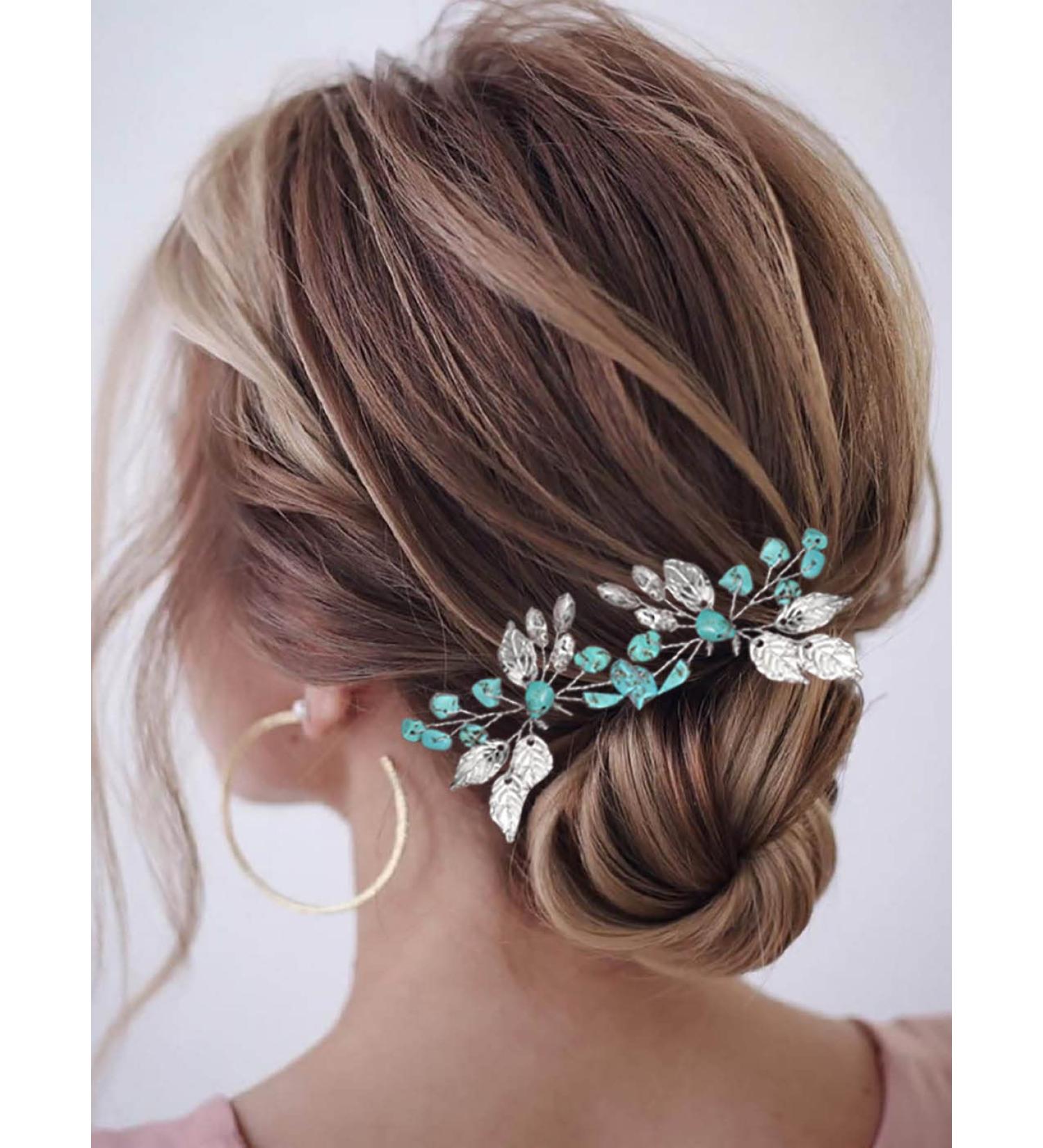 Earent Turquoise Leaf Crystal Wedding Hair Pins - Bridal Hair Accessories for Women and Girls (Pack of 2) - Buy Online on GoSupps.com