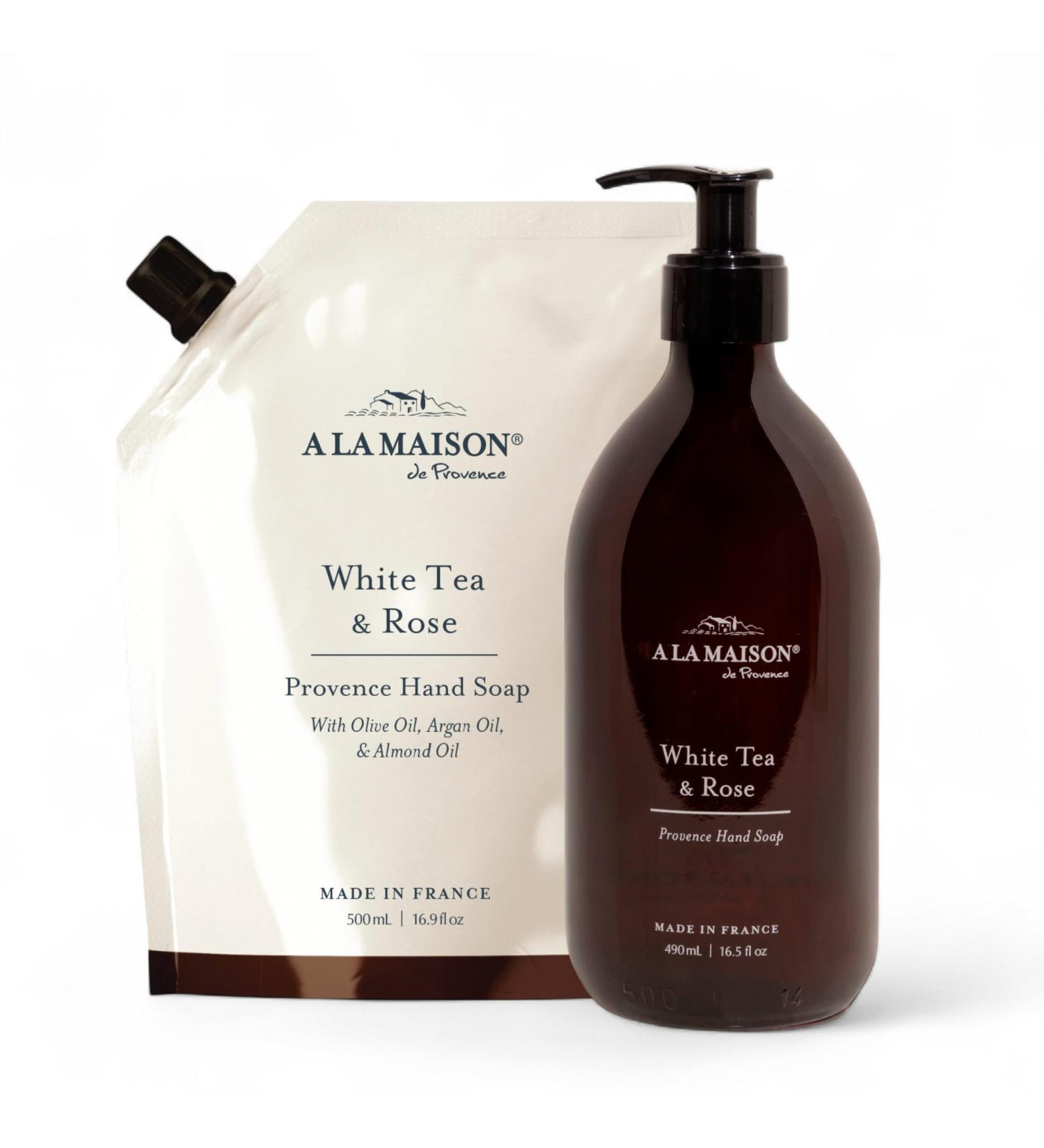A LA MAISON Hand Soap Gift Set White Tea & Rose Refill Pouch Glass Hand Wash Eco-Friendly & Recyclable Plant-Based Biodegradable Made in France 16.9 fl oz Amber Collection - Buy Online on GoSupps.com