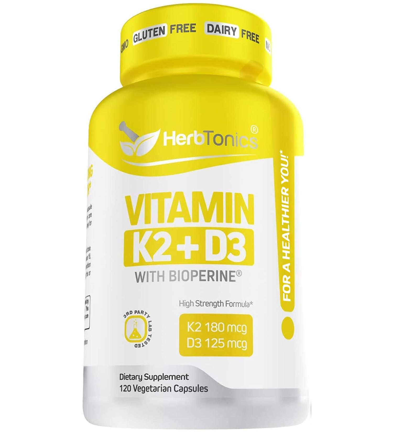 Immune System Support Vitamin K2 (MK7) + D3 5000 IU with Bioperine | 120 Vegetarian Capsules | Strong Bones & Heart Health | Tiny Easy-to-Swallow Formula - Buy Online on GoSupps.com