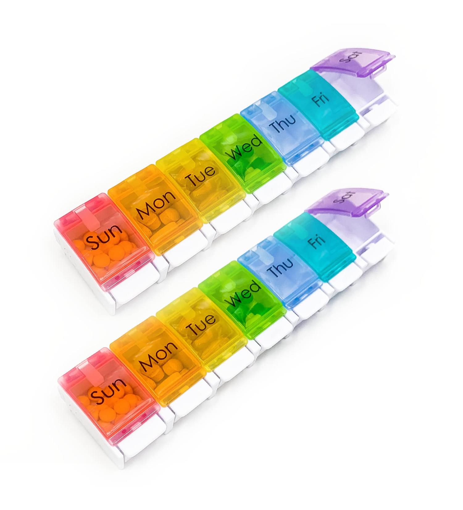 2 Pcs XL Weekly Pill Organizer - Arthritis Friendly Travel 7 Day Pill Box Large Vitamin & Supplement Case - Popup Open Design (Rainbow - Buy Online on GoSupps.com