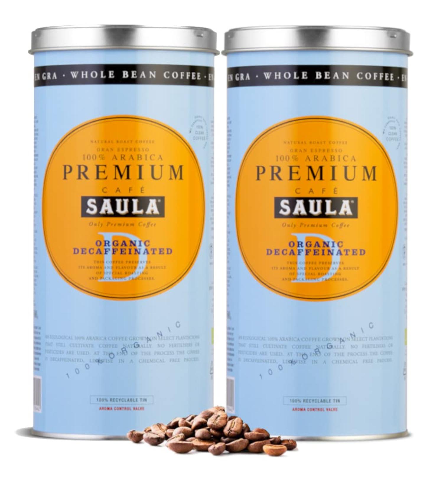 Caf Saula grain Pack de 2 bo tes de 500 gr. Premium Organic Decaffeinated 100% Arabica