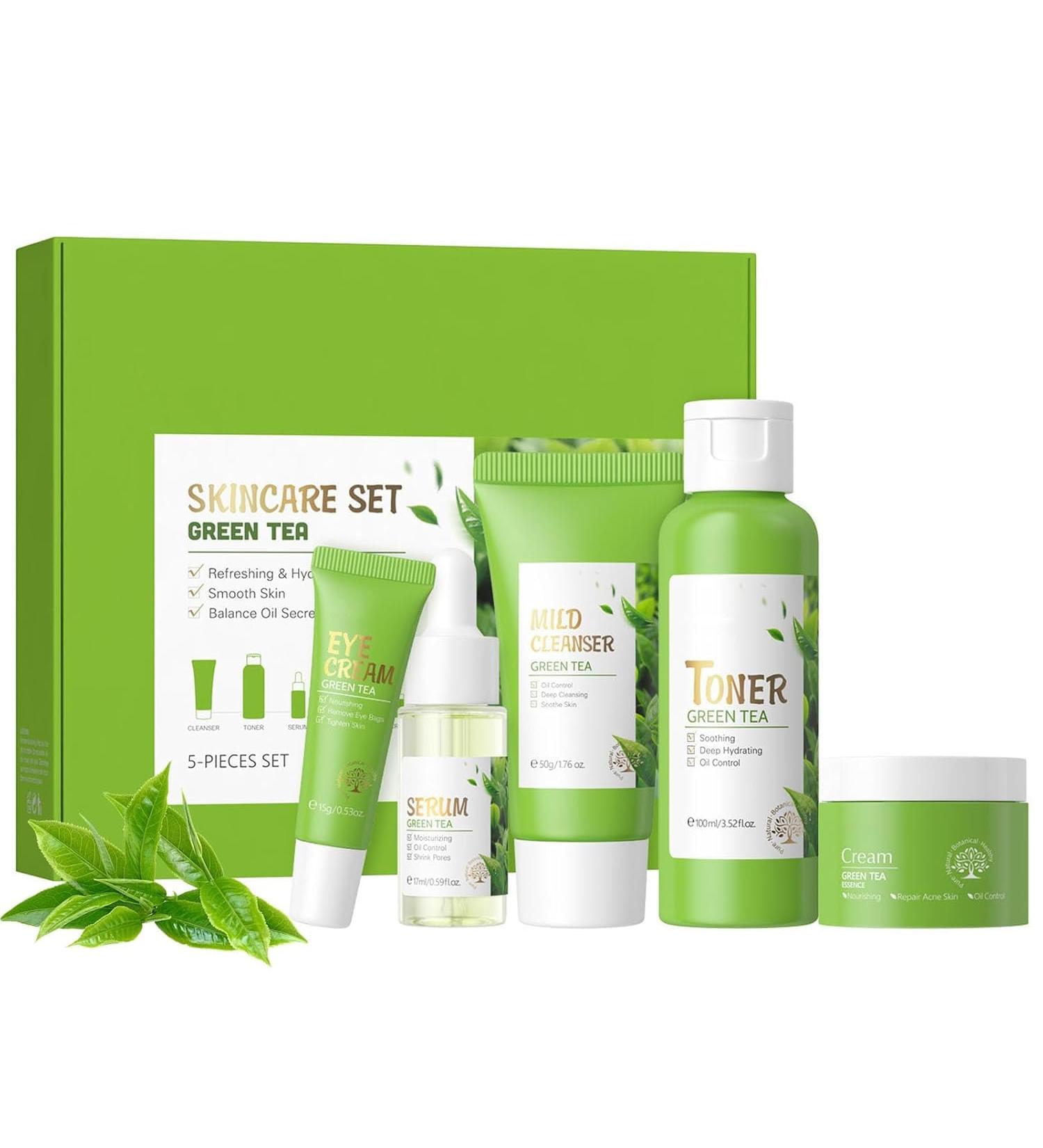 Green Tea Skin Care Set Soothes Skin Deep Cleanses Moisturizes & Controls Oil with Cleanser Toner Serum Eye Cream & Face Cream - Buy Online on GoSupps.com