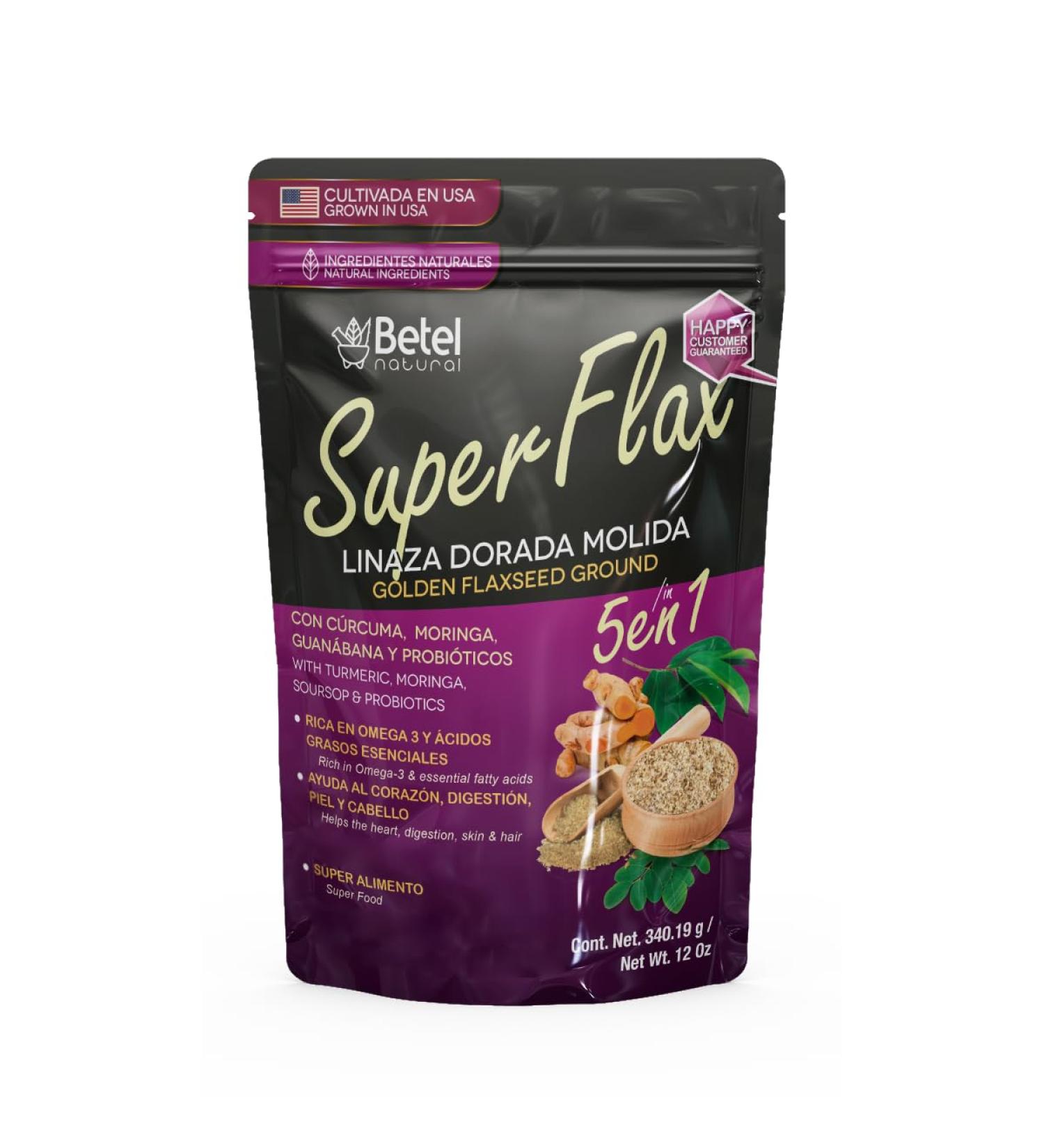 Betel Natural SuperFlax 5 en 1 Golden Flaxseed Powder - Curcuma Moringa Guanabana y Prioboticos - 12 Oz