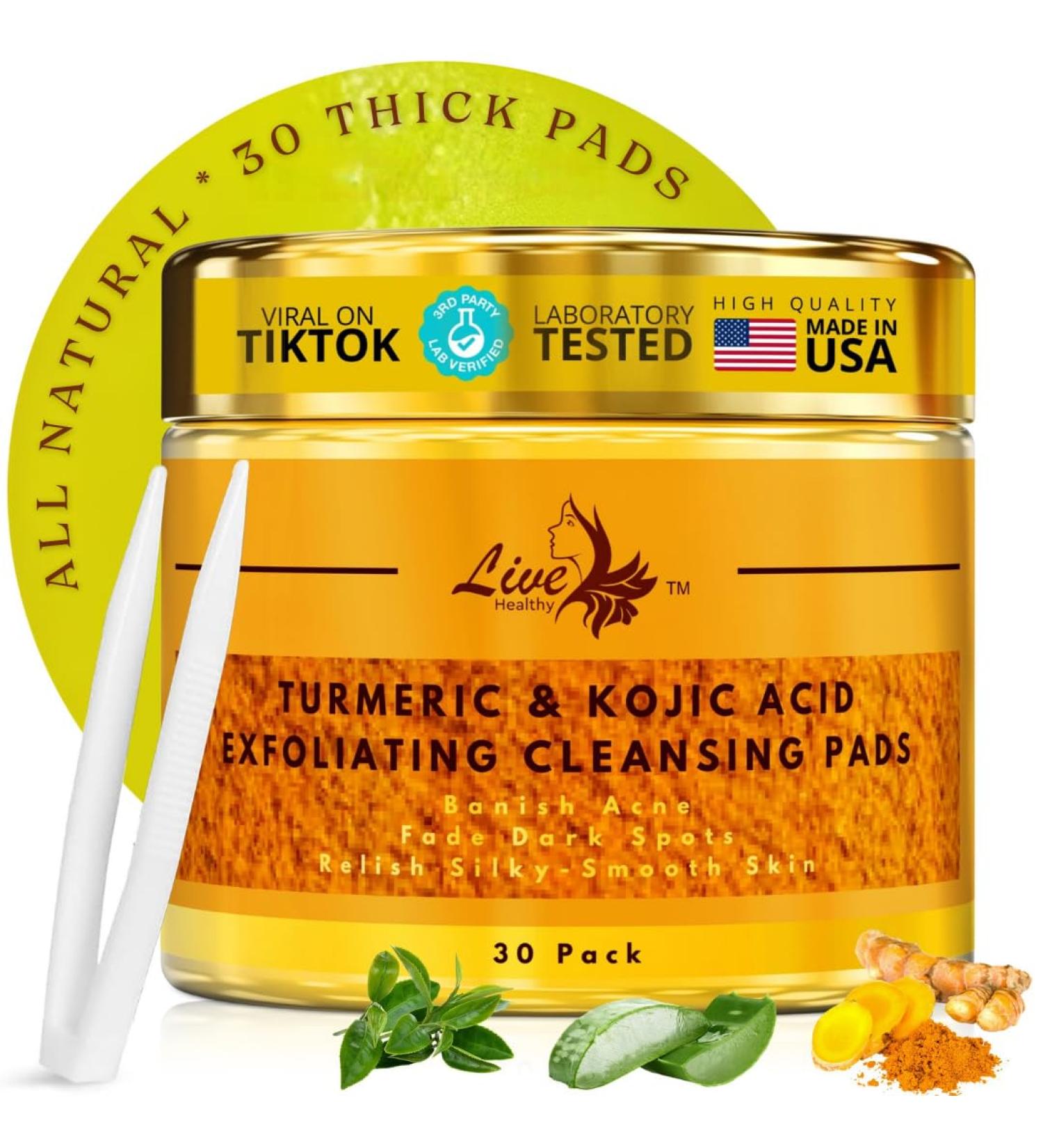 Live Healthy The Original Kojic Acid & Turmeric Cleansing Pads - Exfoliating Brightening Face Scrub Pad Clears Acne - Turmeric Cleansing Pads for Dark Spots with Vitamin C - Made in USA | 30 Count - Buy Online on GoSupps.com