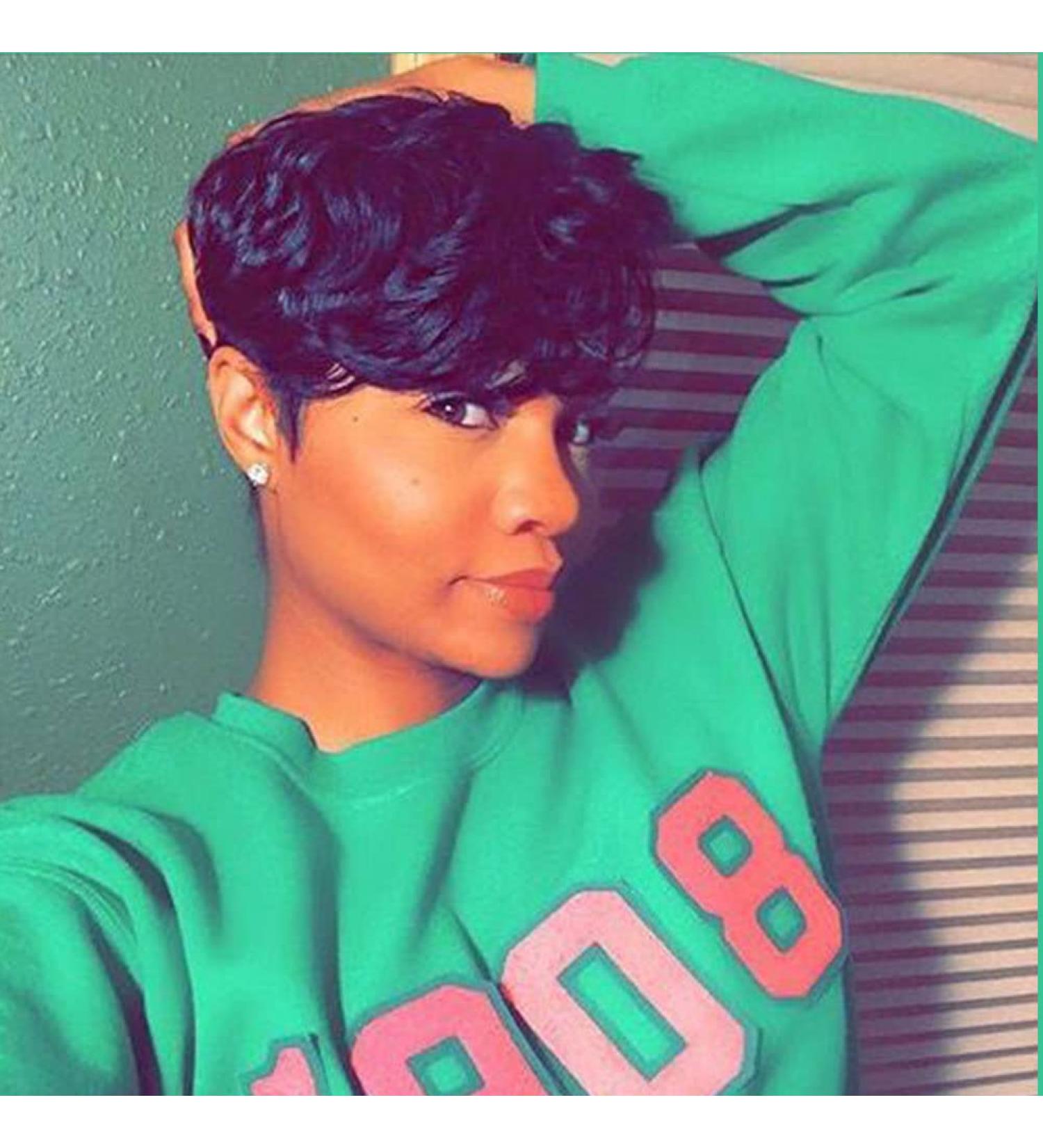 Flandi Short Curly Pixie Wig for Black Women - Synthetic Hair Short Wavy Pixie Cut with Bangs in Natual Black (1B#) - Buy Online on GoSupps.com