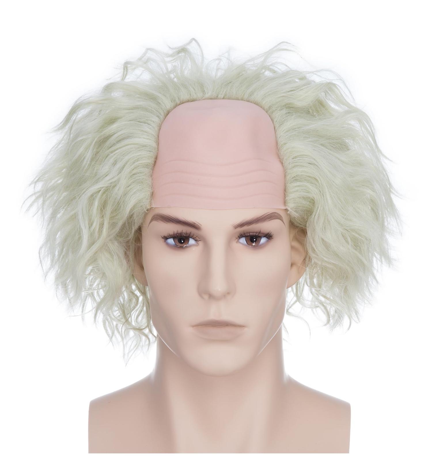 BUYOGET Mens Wig White Blonde Short Curly Wig Mad Scientist Einstein Bald Wig for Cosplay Halloween Party Movie #341 White Blonde - Buy Online on GoSupps.com