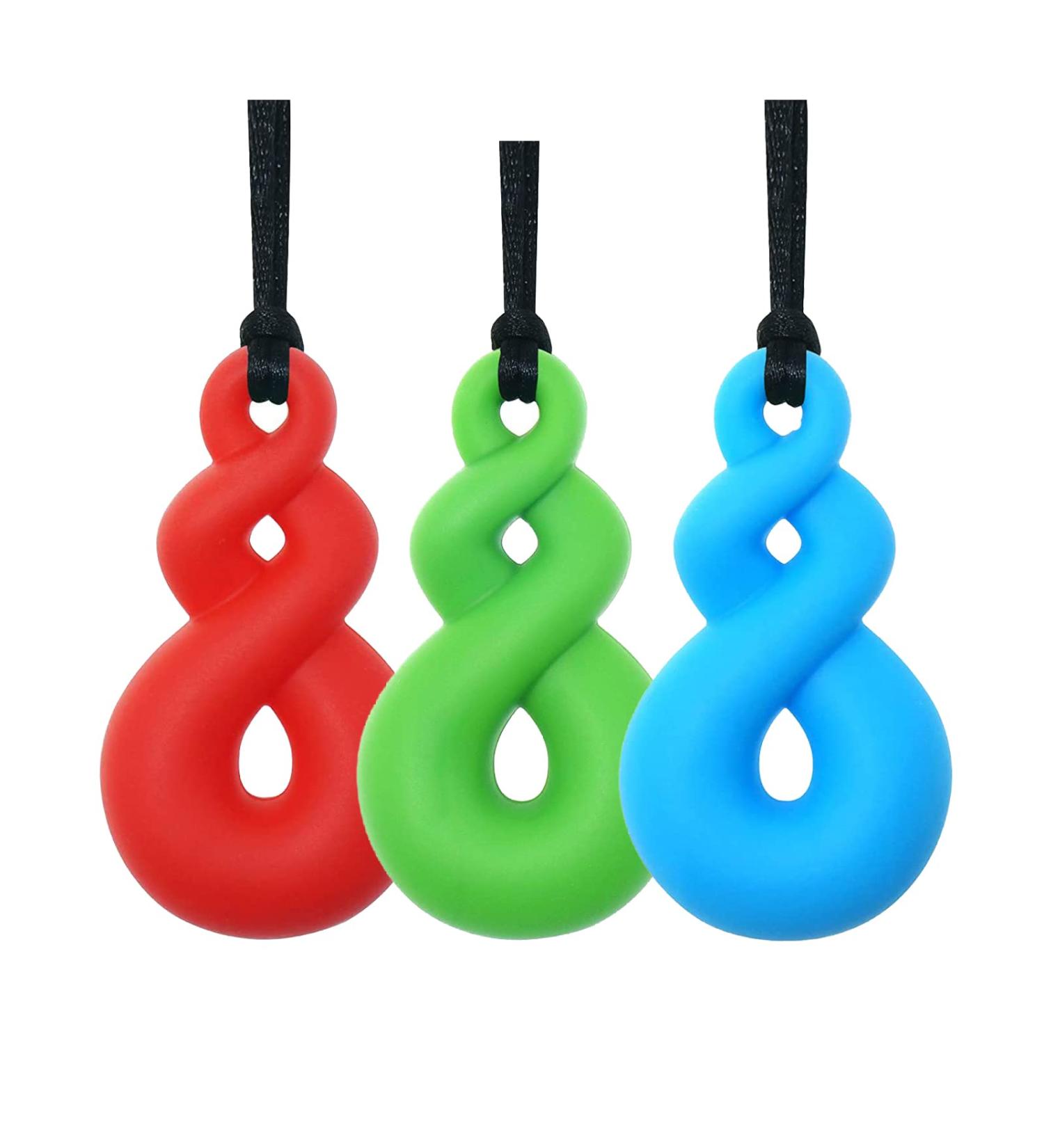 Silicone Chewelry Necklace Set for Adults & Babies - 3-Pack Soft Sensory Tools for Autism ADHD & Teething (Blue Green Red) - Buy Online on GoSupps.com