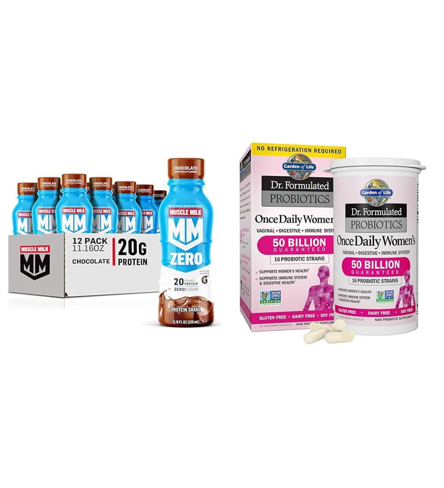 Muscle Milk Zero Protein Shake Chocolate 20g Protein Zero Sugar & Garden of Life Dr. Formulated Women's Probiotics Once Daily 16 Strains 50 Billion 30 Count (Pack of 1) - Buy Online on GoSupps.com