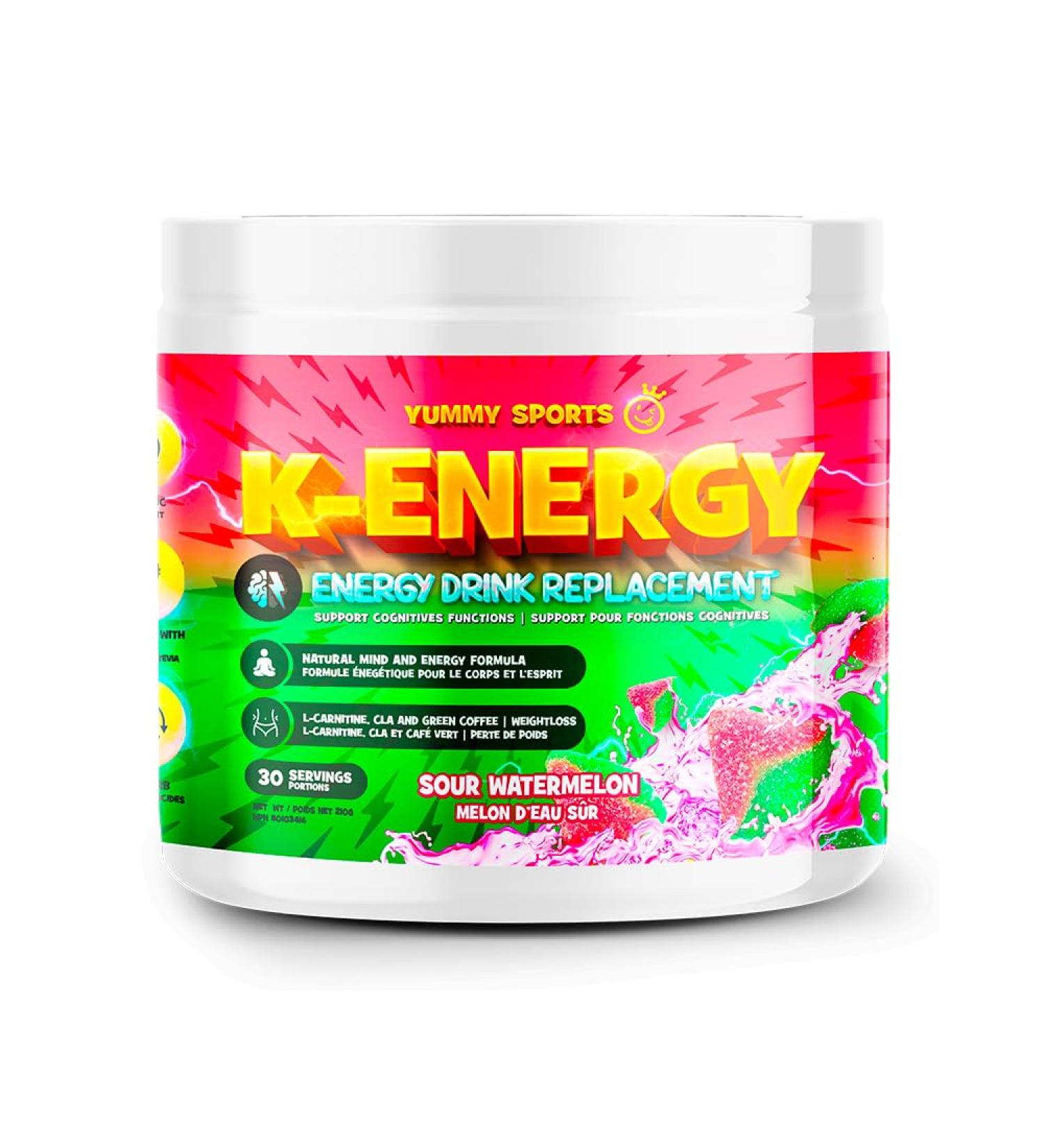Yummy Sports K-Energy Drink Supplement Boost Energy Enhance Focus Physical Performance Powered by BHB MCT Caffeine Keto-Friendly Energy Drink - 30 Servings - 210g - Sour Watermelon