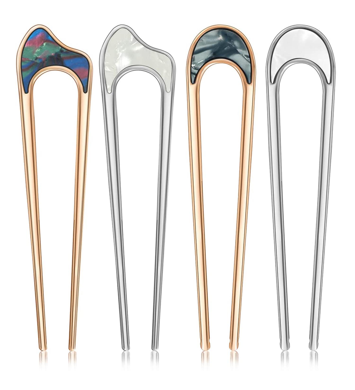 4 Pcs Vintage U-Shaped Hair Pins Set for Women - Gold & Silver Metal Hair Sticks for Chignon Hairstyles - Buy Online on GoSupps.com