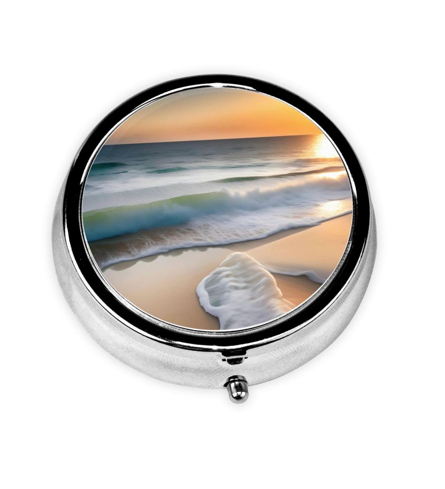 Sunset Over The Waves Round Pill Box - 3 Compartment Travel Organizer | Portable Pill Container for International Shipping - Buy Online on GoSupps.com
