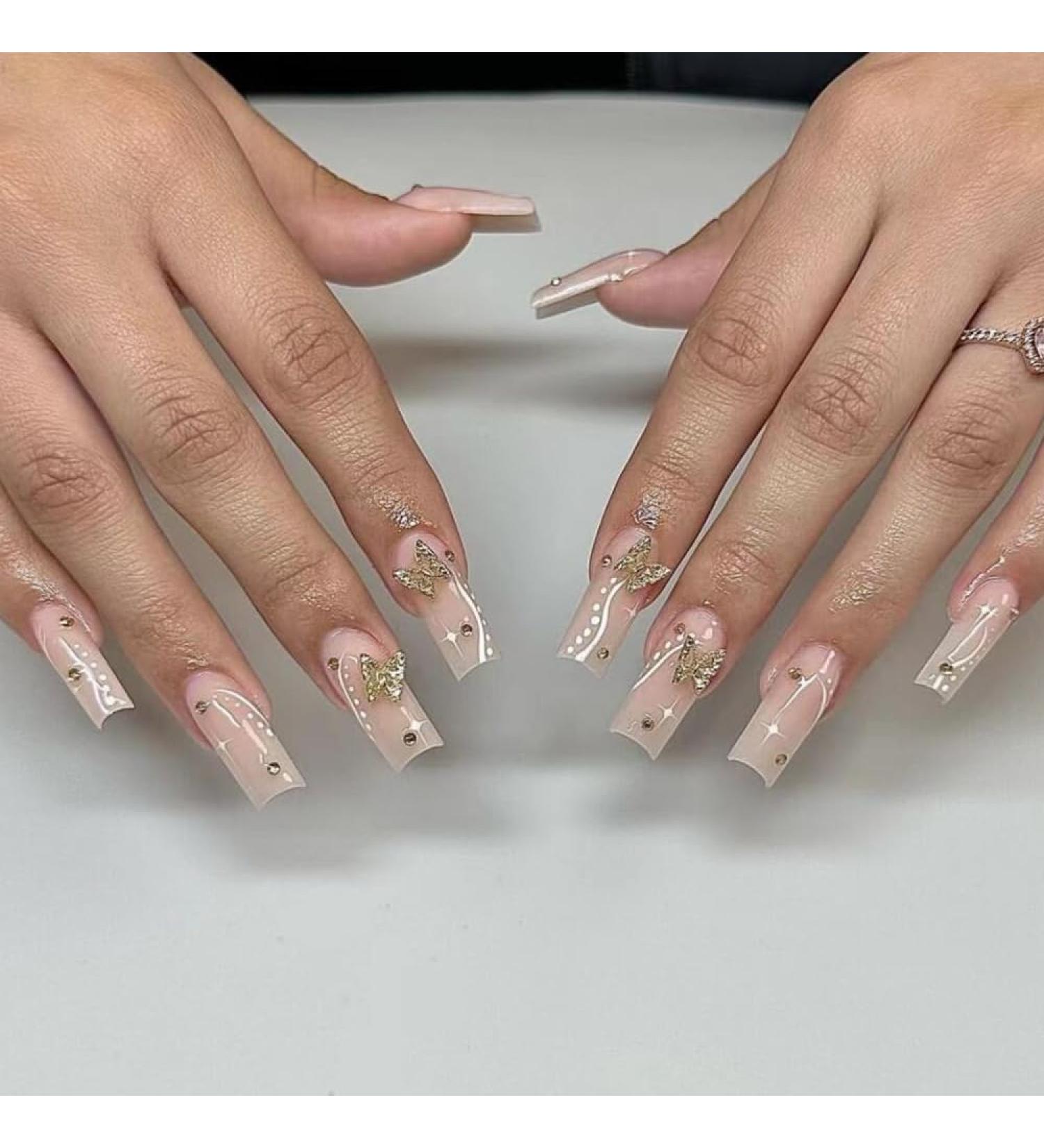 Press on Nails Long Fake Nails Pink False Nails with Golden Butterfly with Diamond Press on Nails Designs Acrylic Nails Press on Artificial Nails Stick on Nails For Women Girls 24Pcs - Buy Online on GoSupps.com