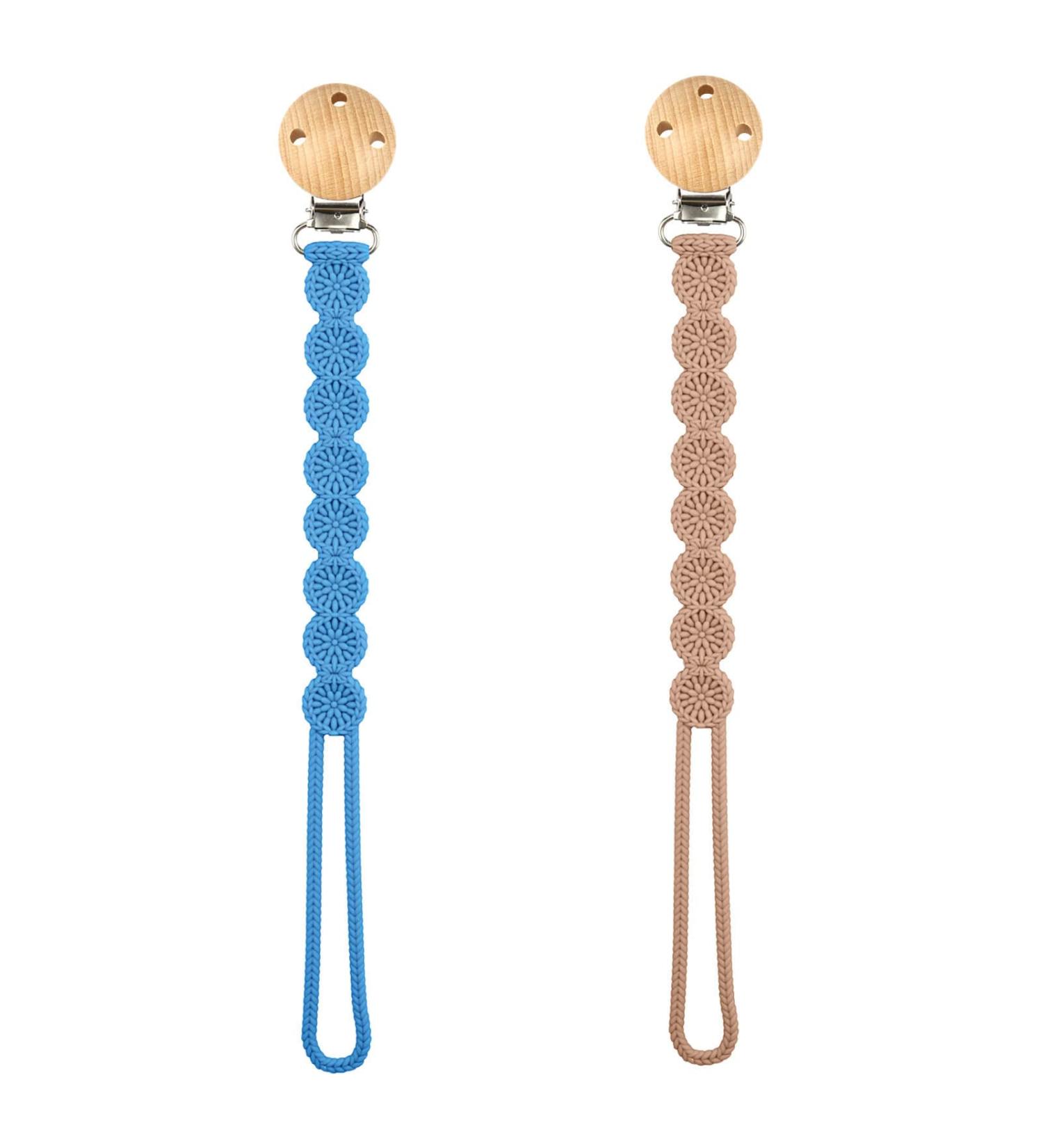 Viyuse Wooden Clips Pacifier Holder | 2 Pack Blue & Yellow Silicone Pacifier Clips | Unisex Baby Shower & Birthday Gift - Buy Online on GoSupps.com