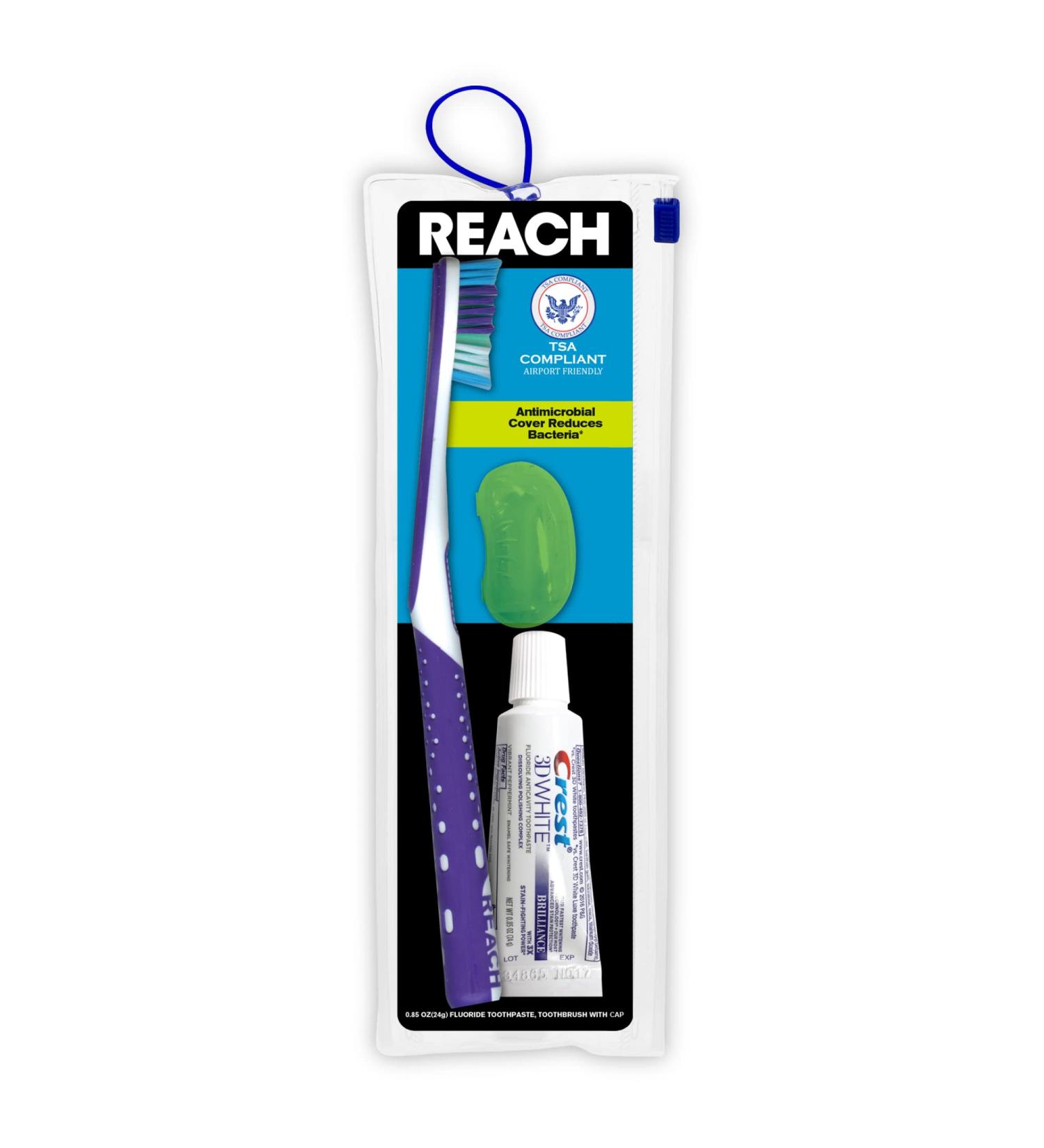 REACH Ultraclean Travel Kit Toothbrush with Cap and Toothpaste - TSA-Friendly, Multi-Angled Soft Bristles in Resealable Bag - Buy Online on GoSupps.com