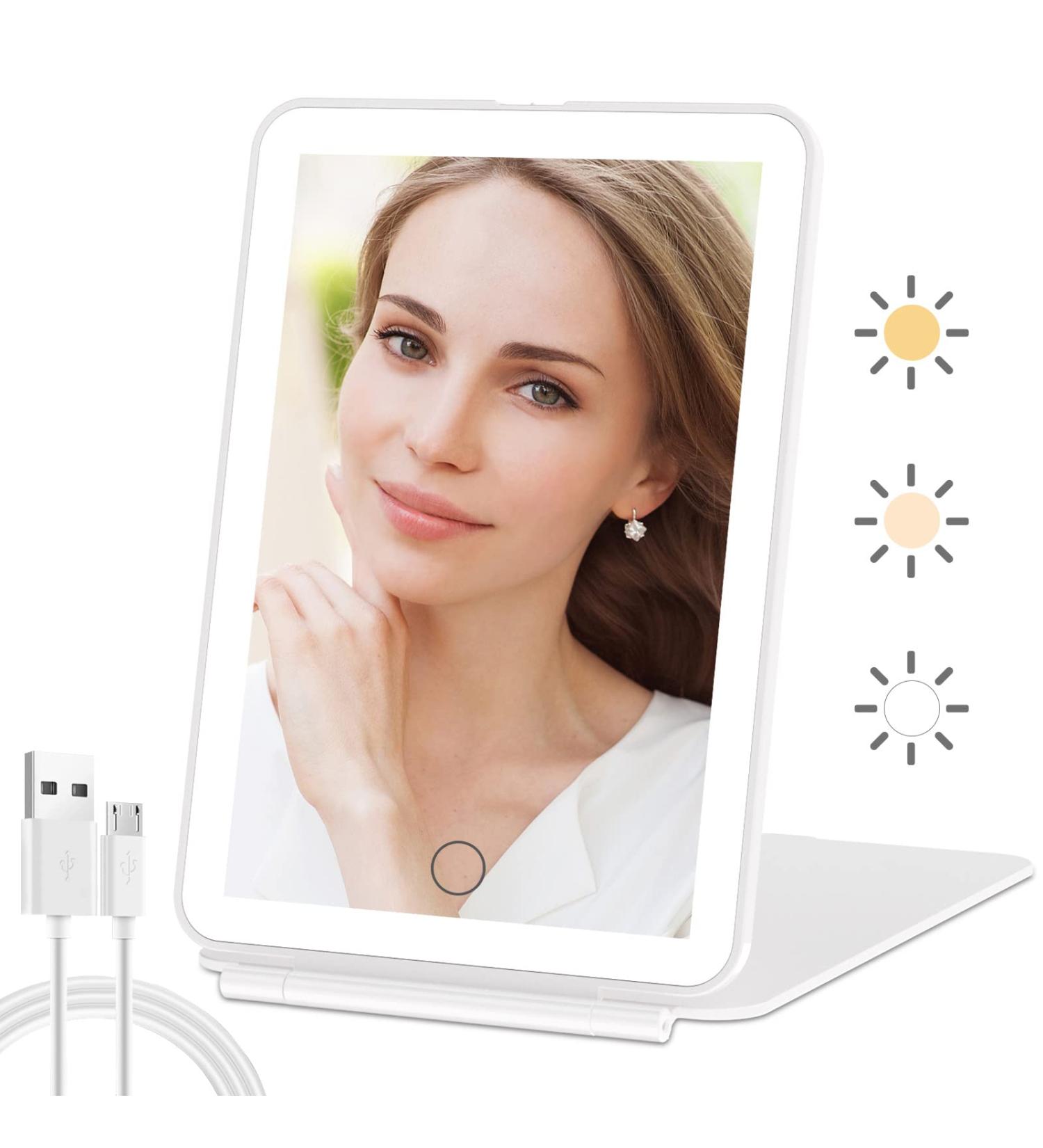 Rechargeable Lighted Travel Makeup Vanity Mirror | 3 Colors Lighting | 72 LEDs | Touch Sensor Dimming | Foldable & Portable | Ultra Thin | White - Buy Online on GoSupps.com