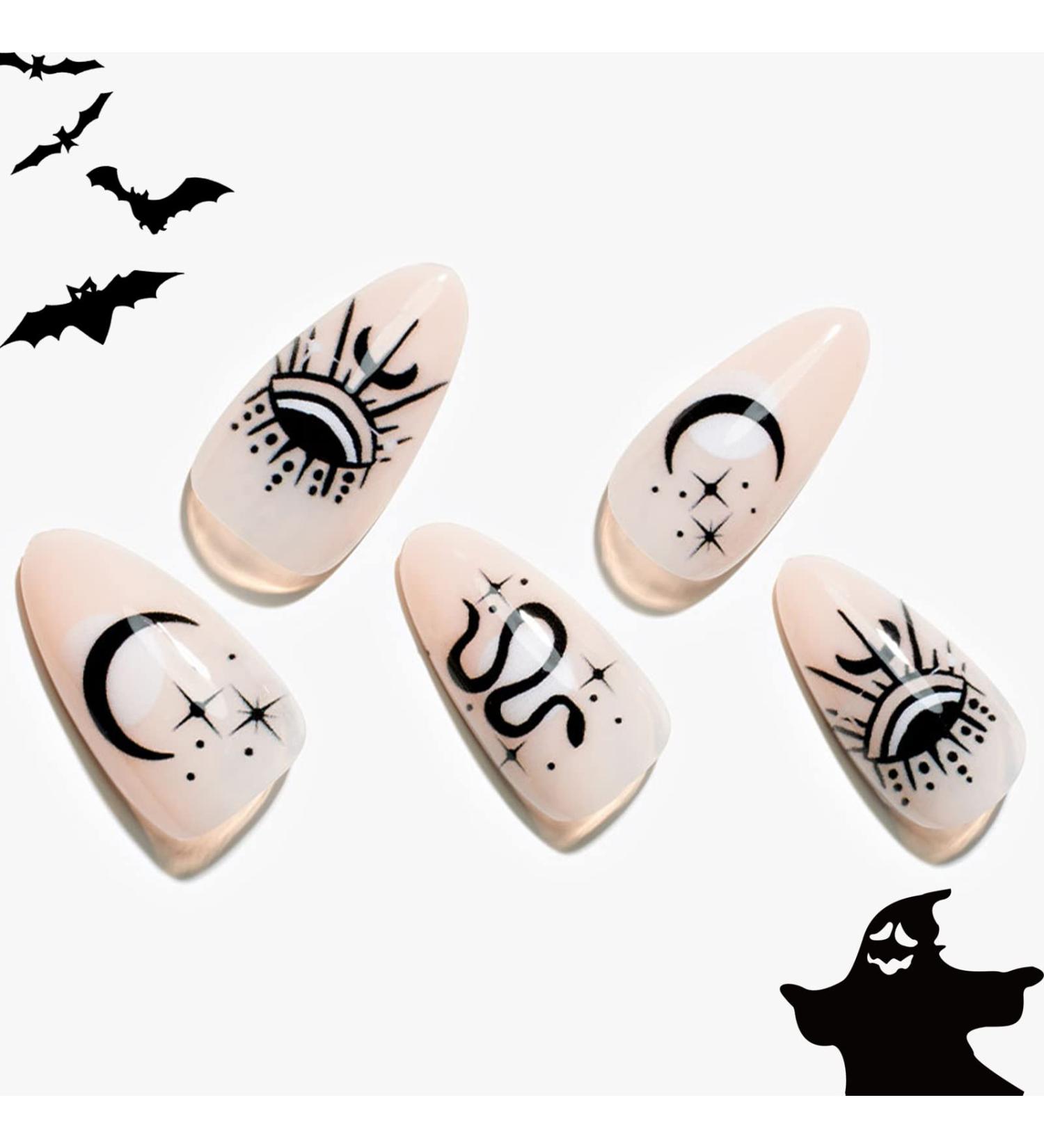 Gothic Nude Snake Moon Stars Almond Press on Nails - 24 Pcs Halloween False Nail Kit by GLAMERMAID - Buy Online on GoSupps.com