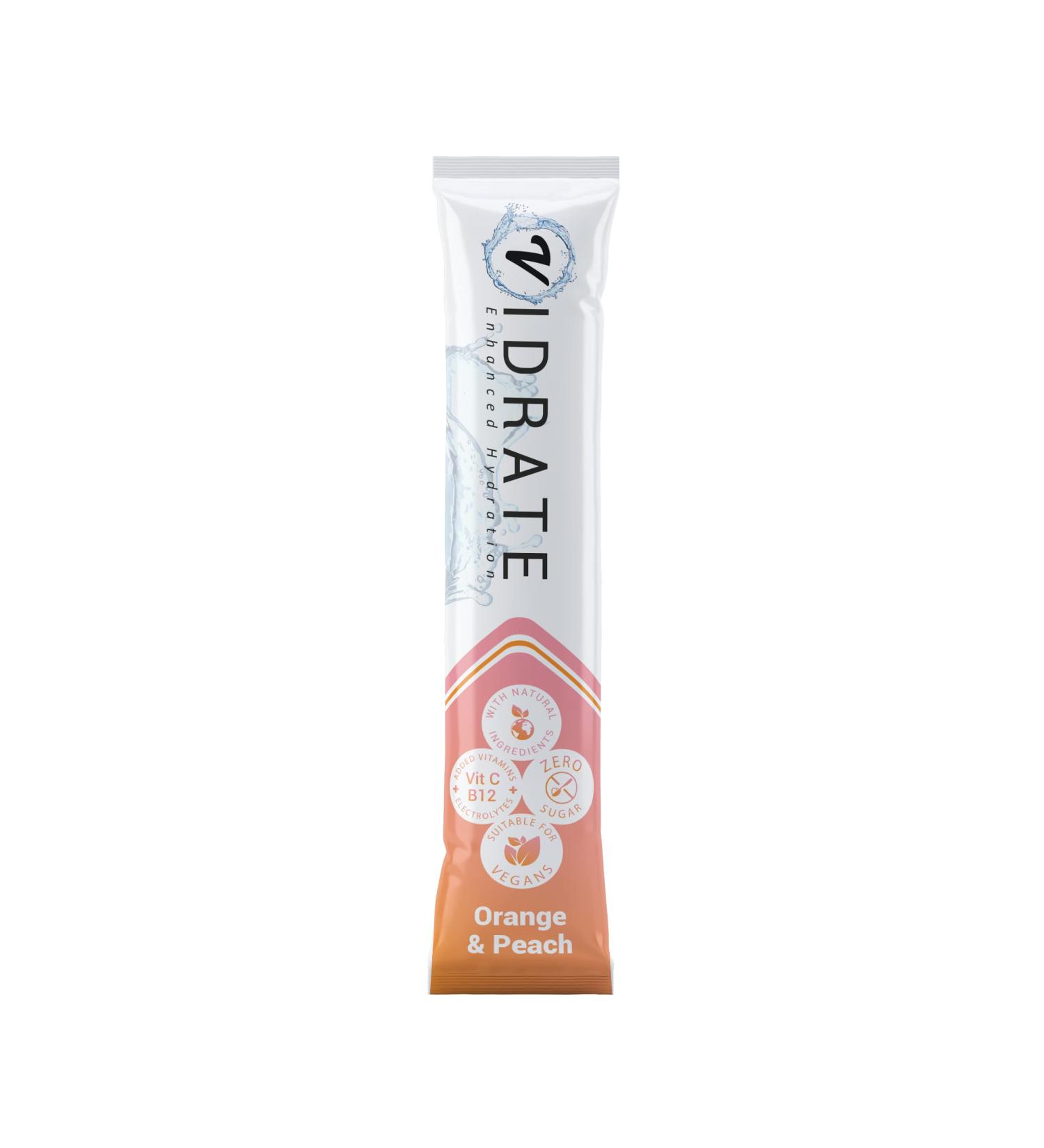 ViDrate Orange & Peach Flavour Sugar Free Electrolyte Powder Vegan Friendly Hydration Sachets 8 x 3g Sachets Orange and Peach 24.00 g (Pack of 1)