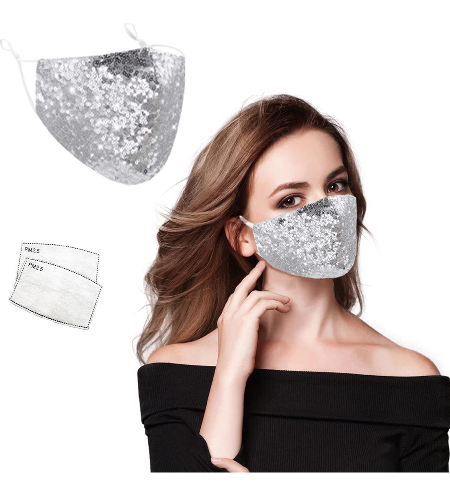 Bling Sequin Fashion Face Mask for Women | Sparkly Glitter with 2 Filters | Reusable Washable Silver - Buy Online on GoSupps.com