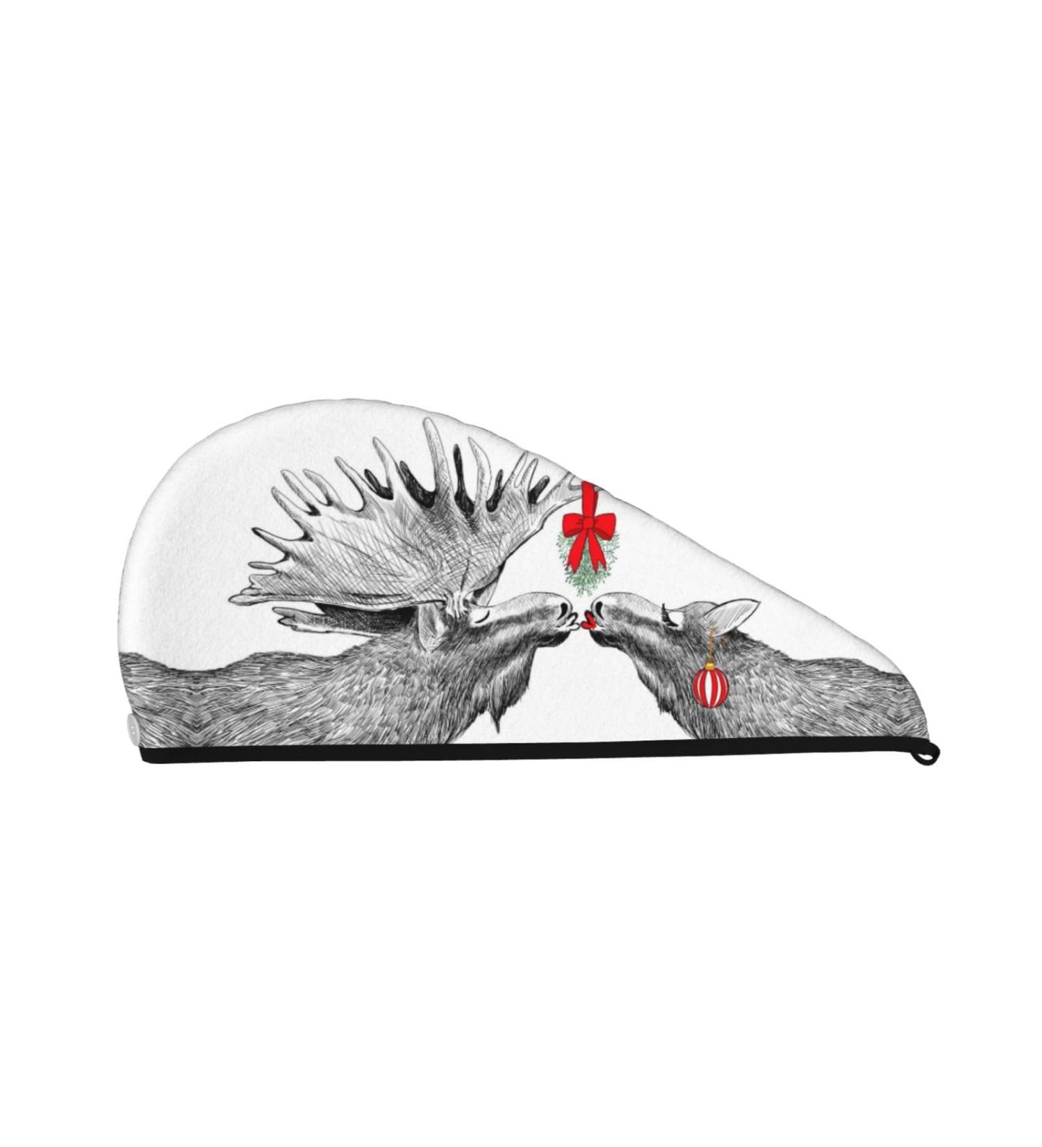 Moose Kissing Under Mistletoe Hair Towel Wrap - Quick Drying Hair Turban with Button | Perfect Hair Care Essential - Buy Online on GoSupps.com