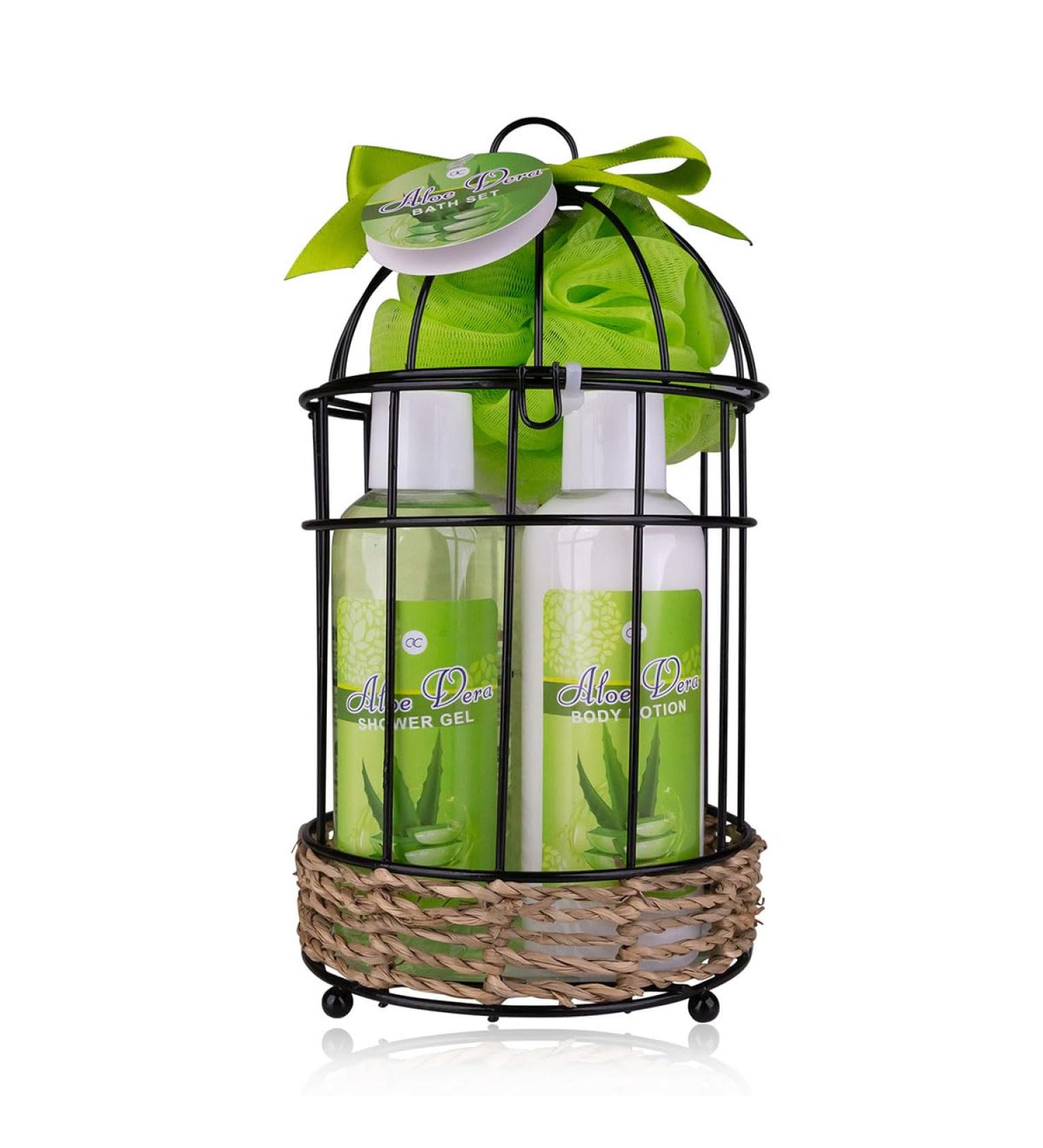 Accentra-shower set women gift set aloe vera in beautiful wire basket-5-part care set with shower gel body lotion swimming salt & foam bath-wellness gift set for birthday Valentine's Day
