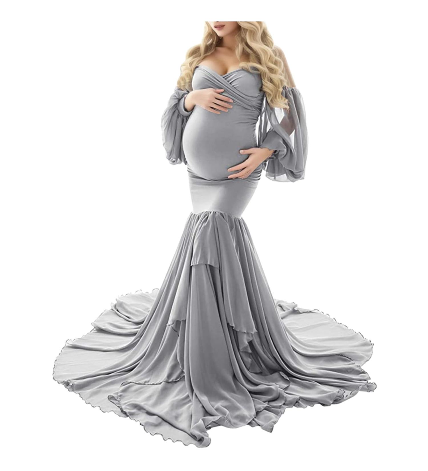 Robe de maternit pour femme - Couleur unie - l gante - En mousseline de soie - paules d nud es - Robe de soir e - Robe longue enceinte - Robe d' t L Gris - Buy Online on GoSupps.com