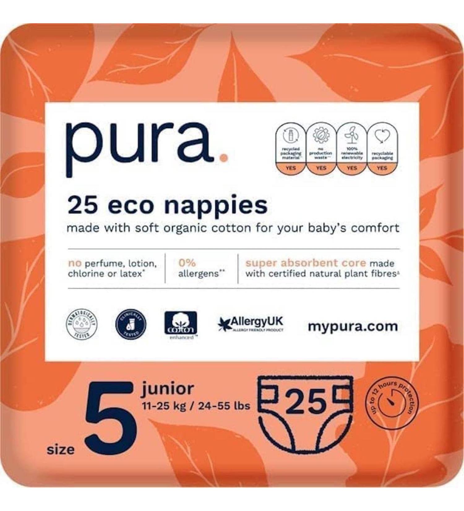 Pura Eco-Diapers Size 5 (11-25 kg) - 25 Eco-Friendly Hypoallergenic Diapers for Sensitive Skin | EU Ecolabel Certified Odorless & 12-Hour Protection - Buy Online on GoSupps.com