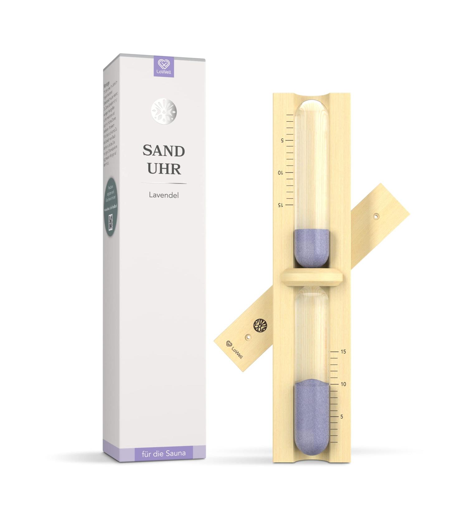 Lowell sauna hourglass - lavender saunahr - purple sand sauna watch - ideal sauna accessories - from natural ash wood high quality workmanship - robust and heat -resistant - 15 min lavender - purple