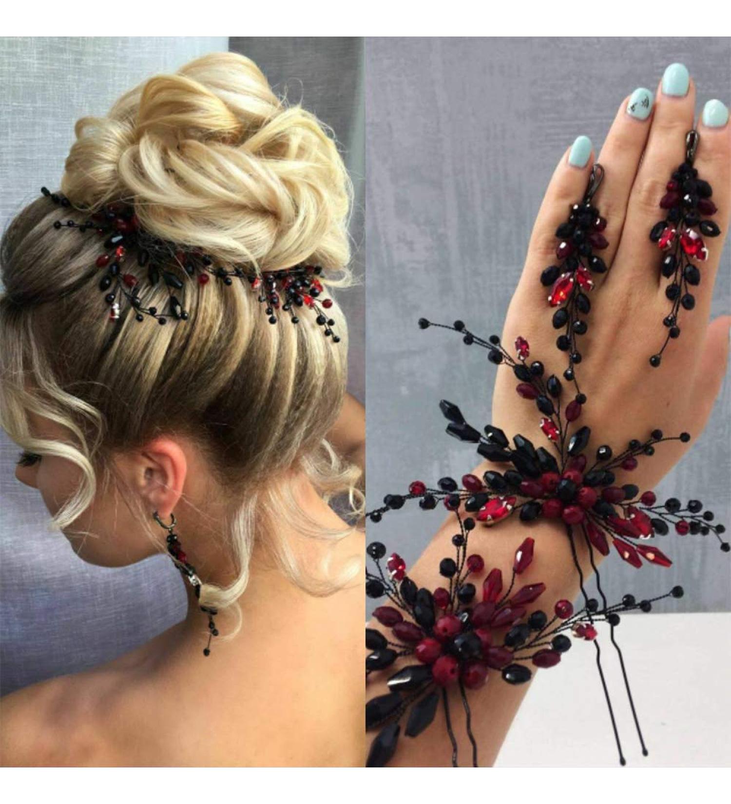 Kercisbeauty Red Wedding Hair Pins - Baroque Black Hair Accessories for Women - Crystal Hair Jewelry Set - Prom & Bridal Hair Piece (Set of 2) - Buy Online on GoSupps.com