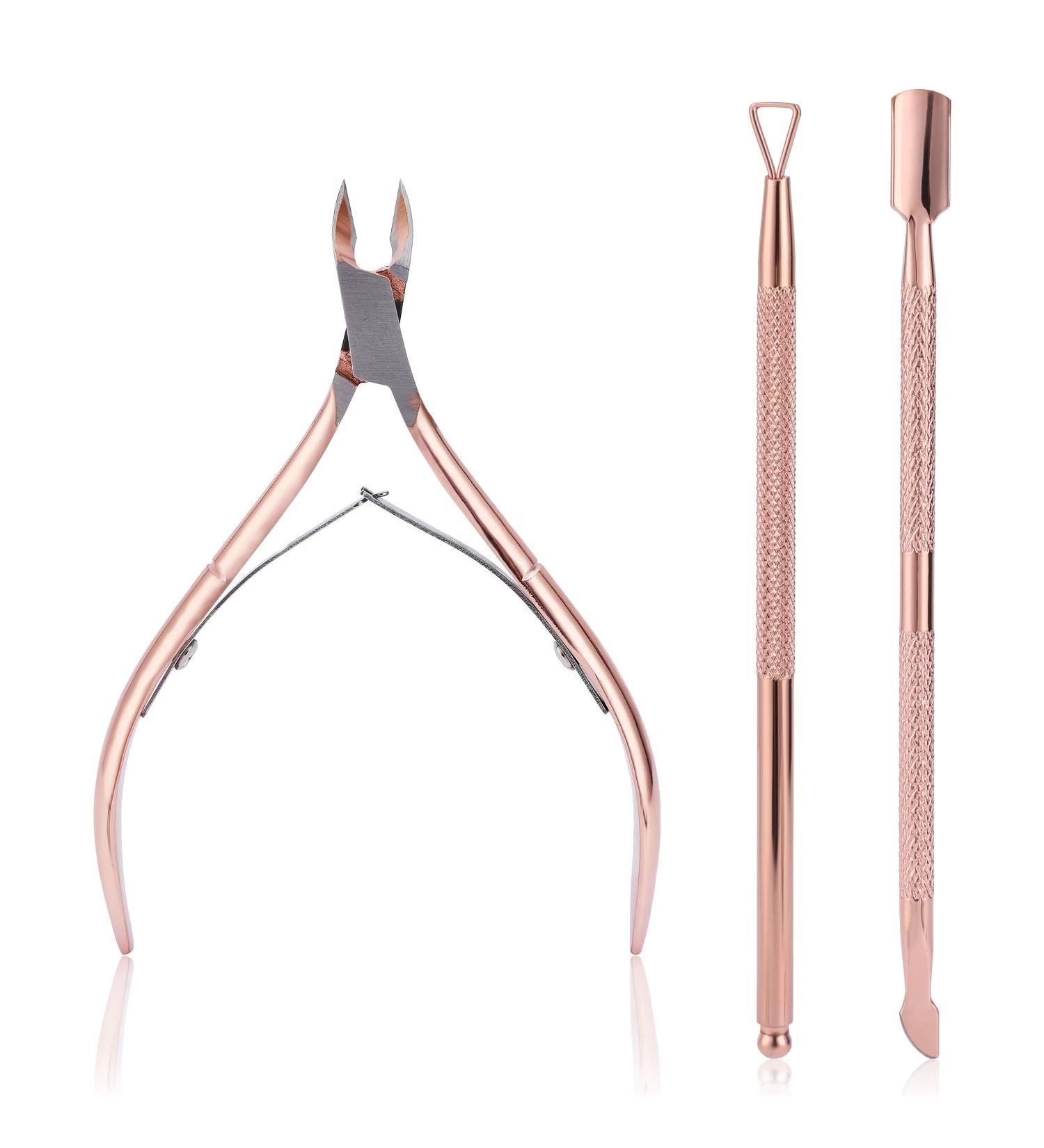 3-Piece Nail Skin Pliers Set Stainless Steel Cuticle Nipper & Remover for Fingernails & Toenails in Rose Gold | Mwoot Cuticle Trimmer with Pusher & Peeler - Buy Online on GoSupps.com