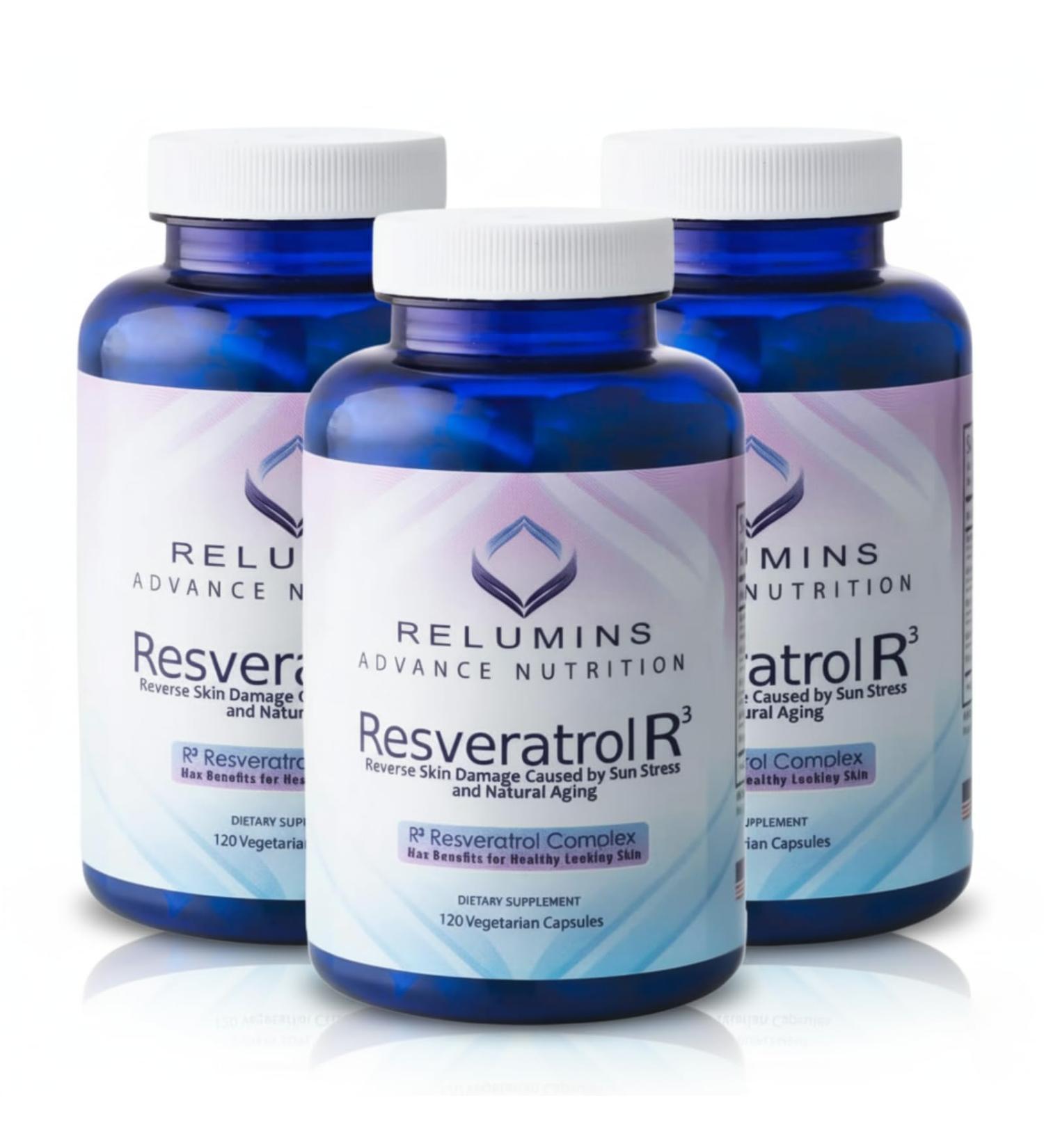 Relumins Resveratrol 600mg Supplement High-Potency Antioxidant with Grape Seed & Red Wine Extract Supports Skin Heart Health & Immune System 120 Vegan Capsules x 3 Bottles - Buy Online on GoSupps.com