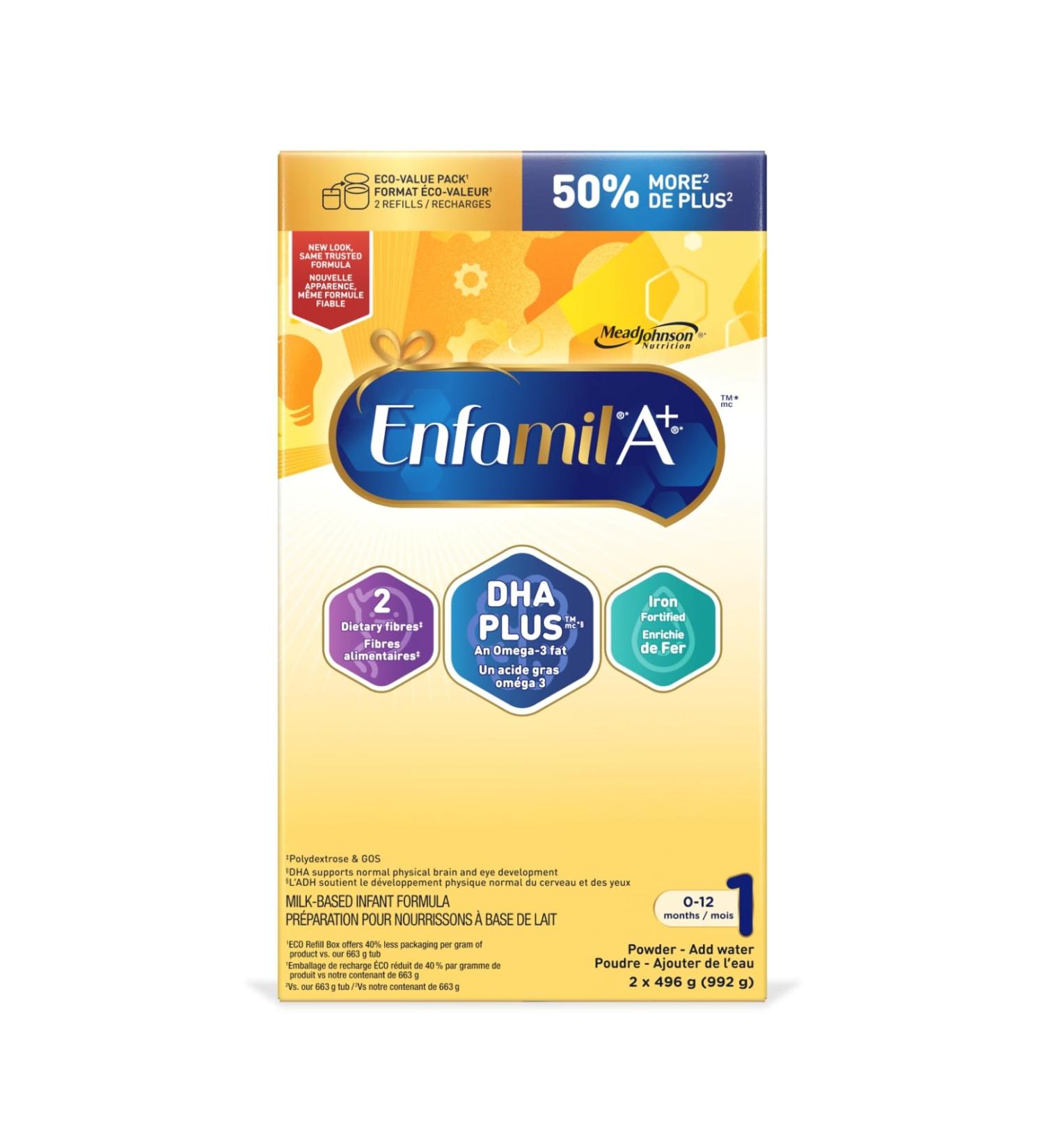 Enfamil A+ Baby Formula Value Pack Powder Refill DHA (a type of Omega-3 fat) to help support brain development Age 0-12 months 992g - Buy Online on GoSupps.com