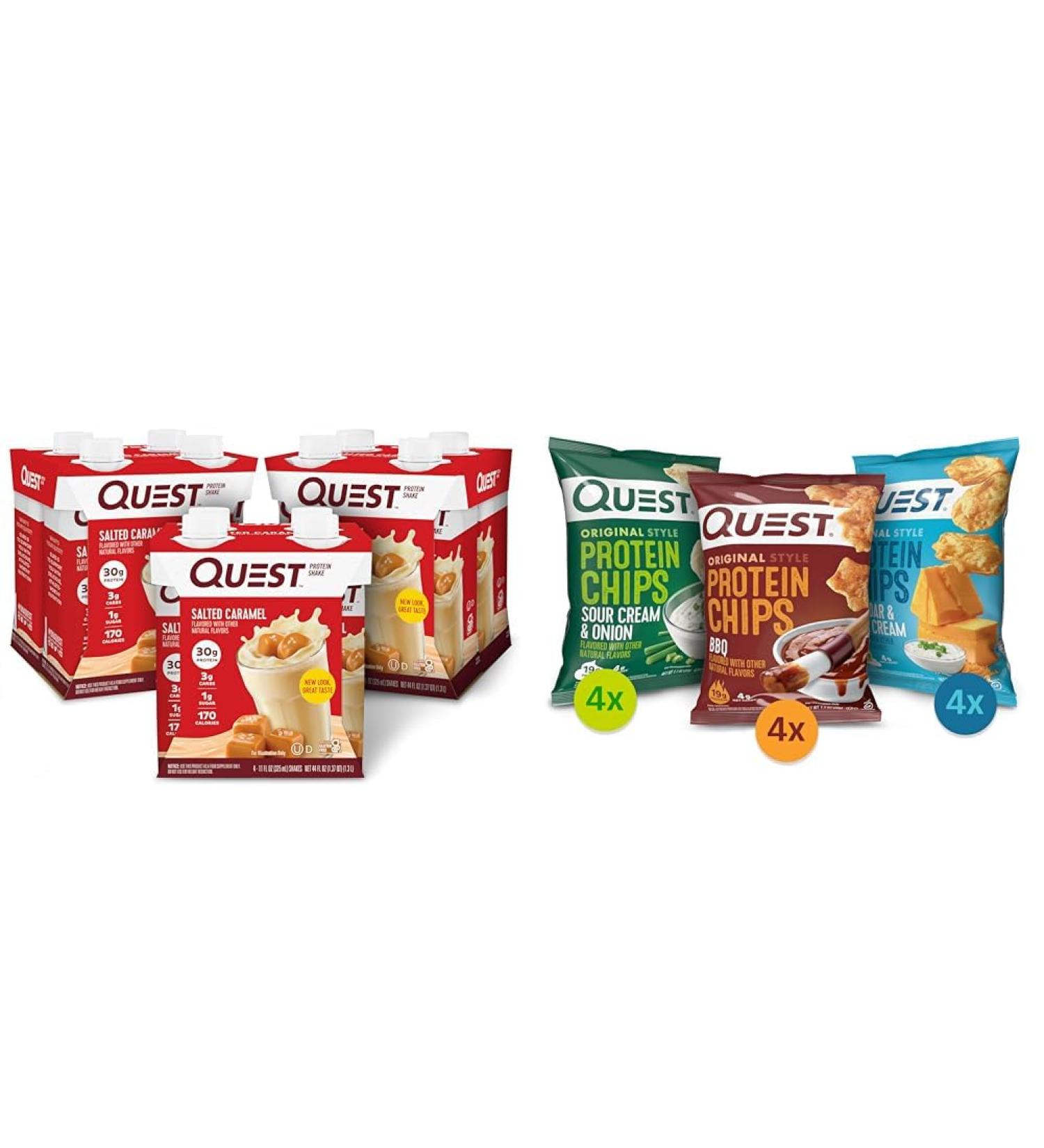 Quest Nutrition Ready to Drink Salted Caramel Protein Shake High Protein & Protein Chips Variety Pack (BBQ Cheddar & Sour Cream Sour Cream & Onion) High Protein Low Carb 1.1 Ounce (Pack of 12) - Buy Online on GoSupps.com