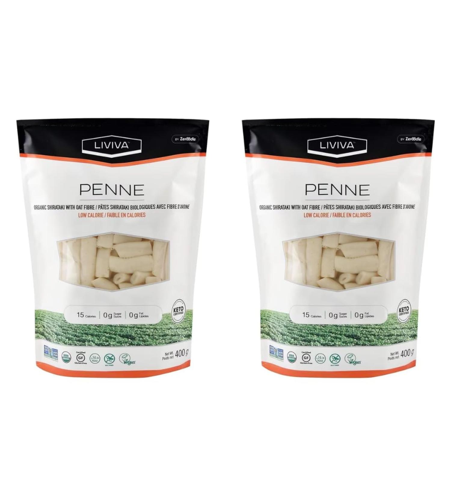 LIVIVA Organic Shirataki Konjac Penne (2 Pk) Diabetic-Friendly Low Carb Low Calorie Pasta Noodles Ready to Serve No Odor Certified Non-GMO Gluten Free Vegan Plant-Based Keto Kosher Halal - Buy Online on GoSupps.com