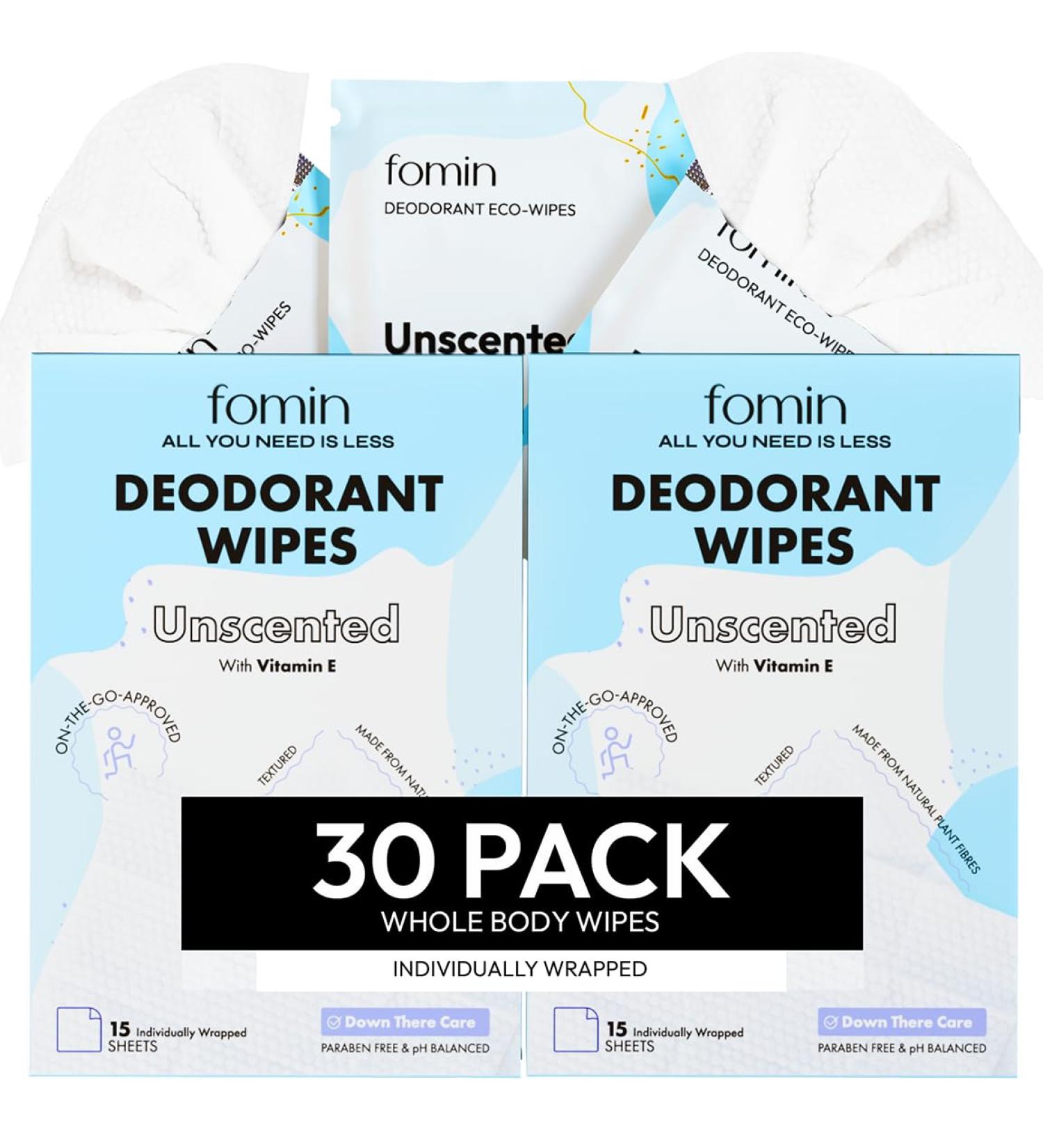 FOMIN Travel Deodorant Wipes - 30 Count - Unscented - pH Balanced Hypoallergenic Mini Deodorant Wipes For Women and Men - Plastic-Free Individually Wrapped Underarm & Body Wipes - Buy Online on GoSupps.com