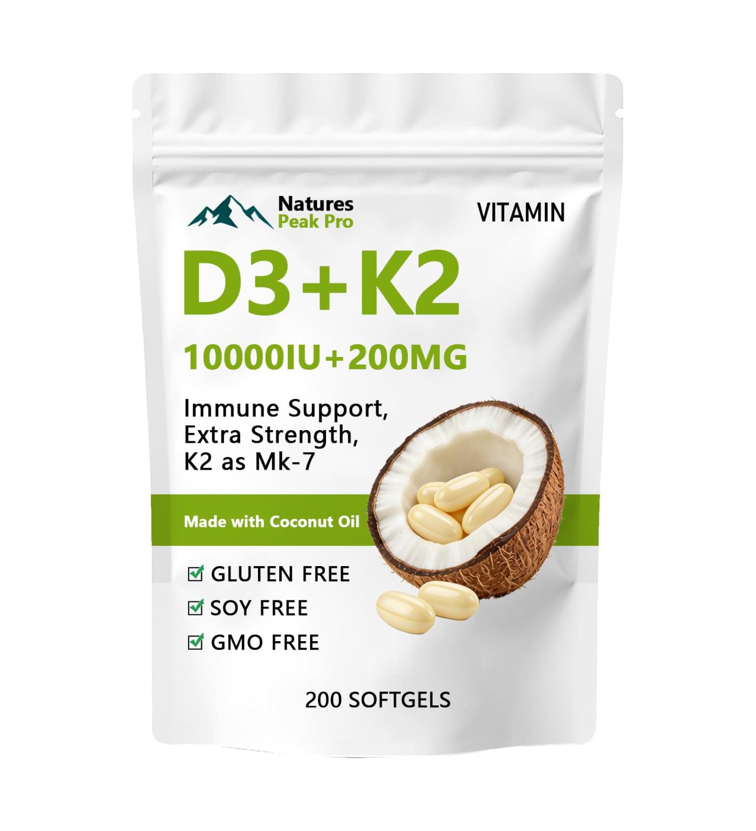 UYPO Nature Speak Pro Vitamin D3 + K2 (MK7) with Coconut Oil 200 Softgels 10 000 IU D3 & 200 mcg K2 | Extra Strength Easy to Swallow Non-GMO Gluten Free (1PC)
