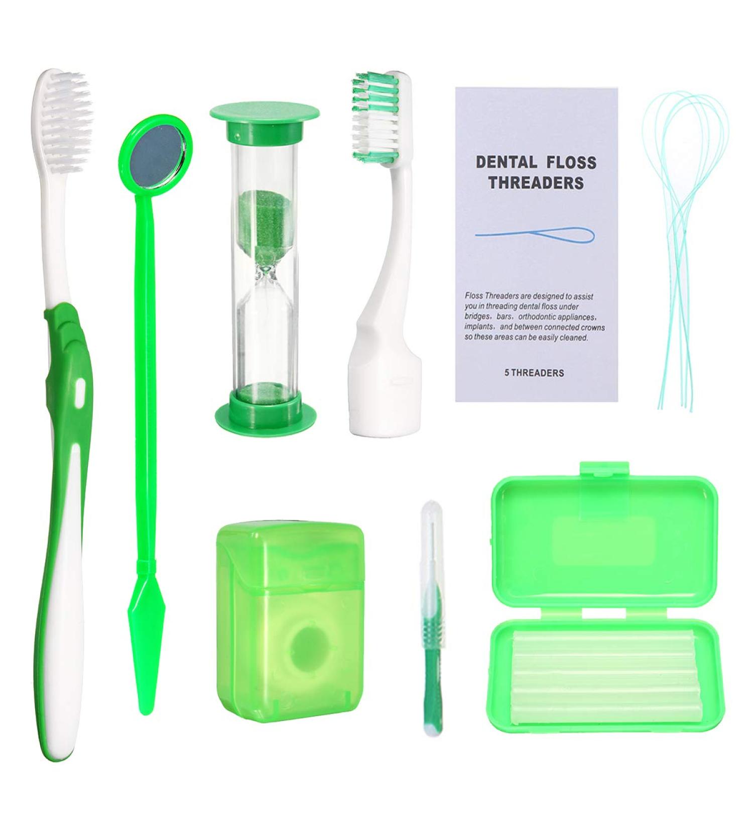 Orthodontic Braces Cleaning Kit - Portable Dental Travel Set with Interdental Brush, Dental Wax, Floss, Toothbrush Box - Green - Buy Online on GoSupps.com
