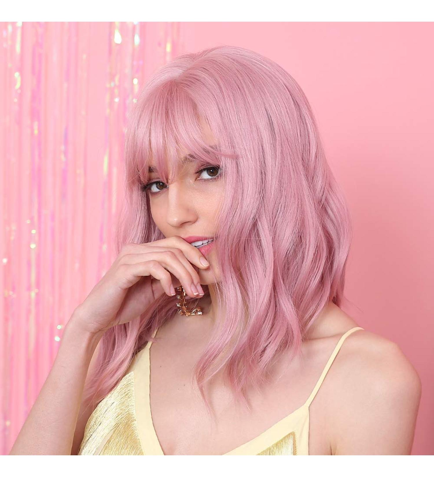 HAIRCUBE 14 Short Curly Bob Wig for Women - High-Quality Synthetic Wig with Bangs in Pink | Lightweight & Stylish - Buy Online on GoSupps.com