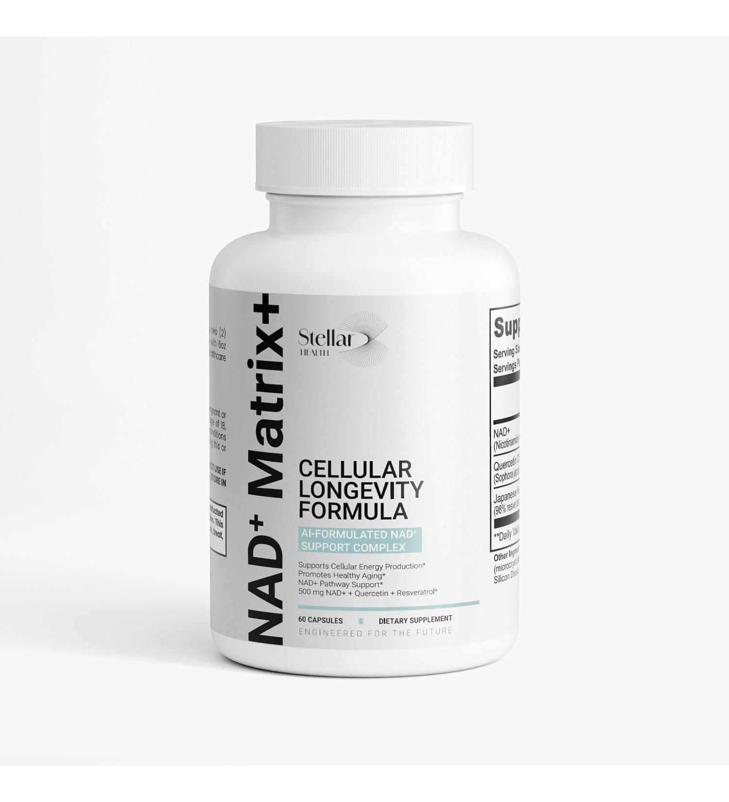 Stellar Health NAD+ Matrix+ Cellular Longevity Formula NAD Supplement 500mg NAD+ Supplements for Men & Women Quercetin 250mg Resveratrol 150mg 60 Capsules - Buy Online on GoSupps.com