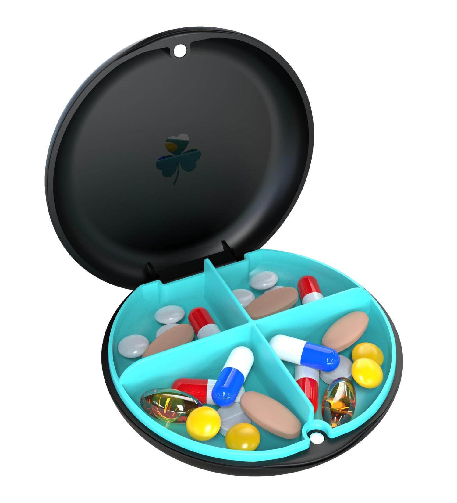 4 Compartment Small Pill Box - Moisture Proof Travel Organizer for Vitamins & Supplements - Pocket & Purse Size (Black+Cyan - Buy Online on GoSupps.com