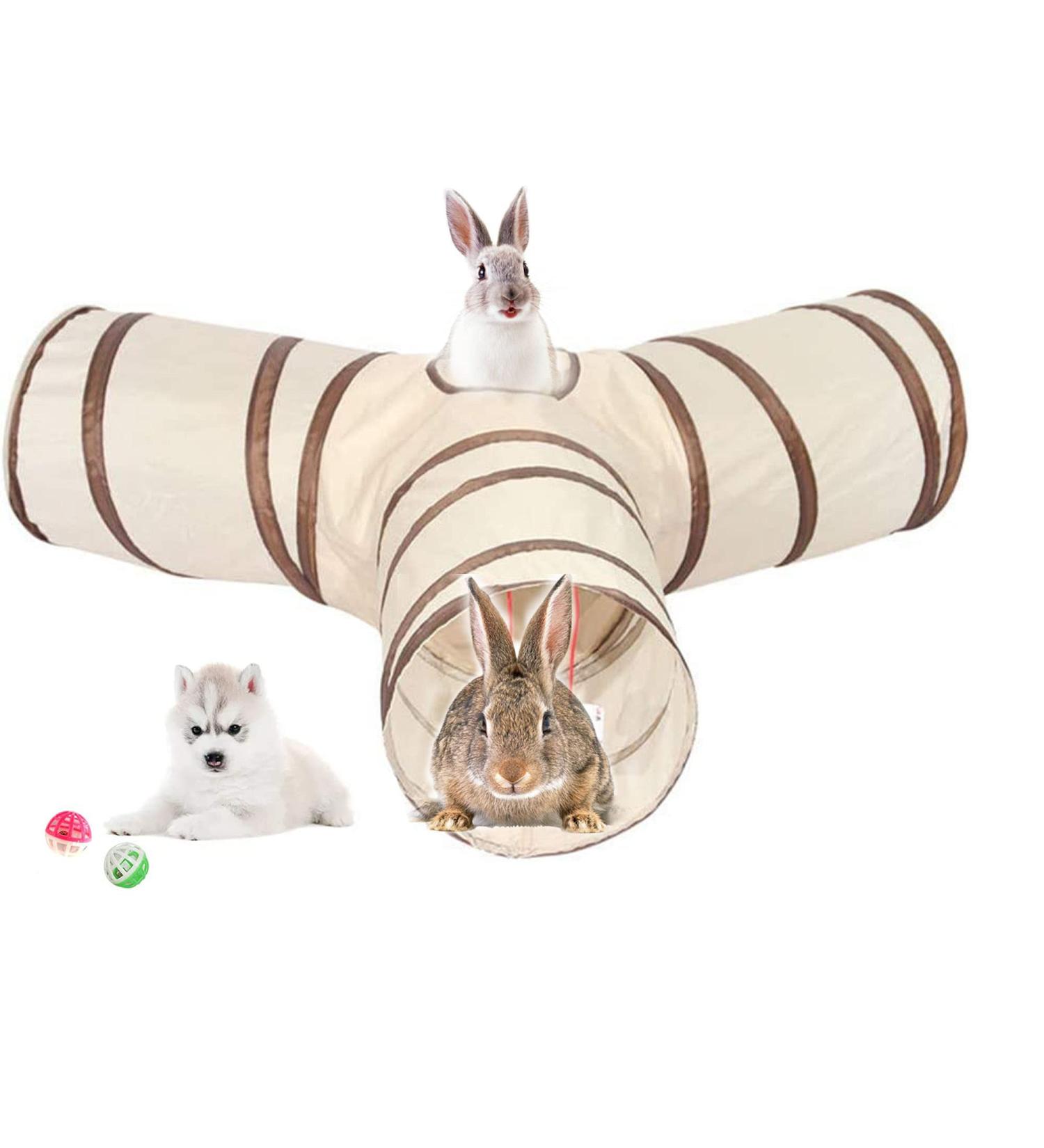 MINGZE Cat Tunnel Toy T type Y type Straight Type Collapsible 3 Way Pet Puppy Tube Play Activity Foldable Toy for indoor Rabbits Kittens Hamster and Small Dogs (Y-stype Brown + Beige) - Buy Online on GoSupps.com