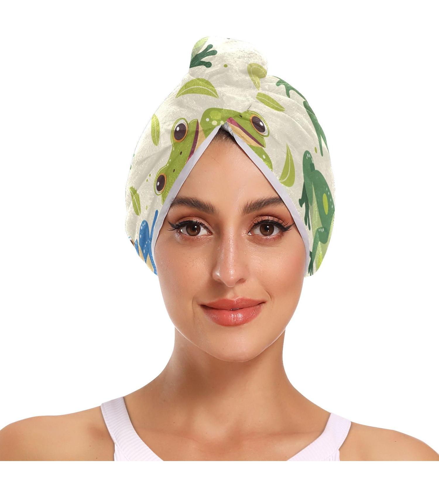 Cartoon Animals Seamless Frogs Hair Towel 2 Pack | Super Absorbent Quick Dry Hair Turbans for Women & Girls - Buy Online on GoSupps.com